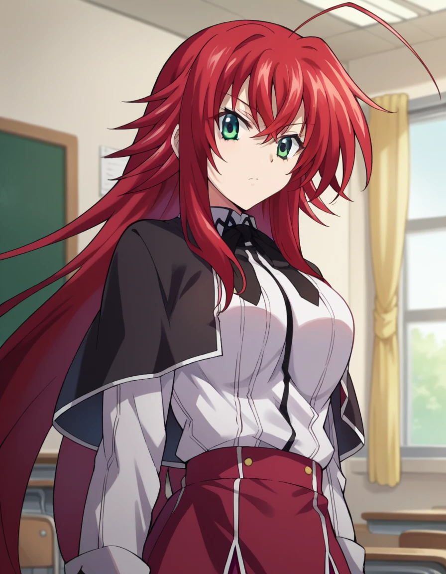 score_9, score_8_up, score_7_up, source_anime,
riasgremory, <lora:rias-gremory-ponyxl-lora-nochekaiser:1>,
rias gremory, huge ahoge, long hair, hair between eyes, green eyes, red hair,
shirt, ribbon, school uniform, white shirt, black ribbon, neck ribbon, capelet, black capelet, long sleeves, skirt, red skirt,
indoors, classroom,
looking at viewer, dutch angle, cowboy shot,