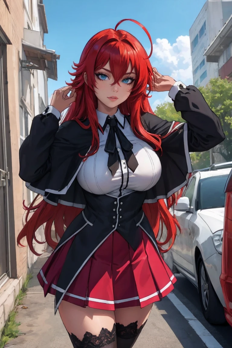 masterpiece, best quality, high quality, highres, outdoors, day, upper body, looking at viewer, solo, focused, BREAK,
ANIME_DxD_Rias_Gremory_ownwaifu,
1girl, bangs, long hair, red hair, breasts, large breasts, rias gremory, blue eyes, hair between eyes, very long hair, collarbone, hair intakes, hair over breasts,
black capelet, black corset, collared shirt, kuoh academy school uniform, layered skirt, underbust, school uniform, skirt, shirt, long sleeves, purple skirt, ribbon, miniskirt, neck ribbon, thighhighs, black ribbon,
<lora:ANIME_DxD_Rias_Gremory_ownwaifu:0.65>