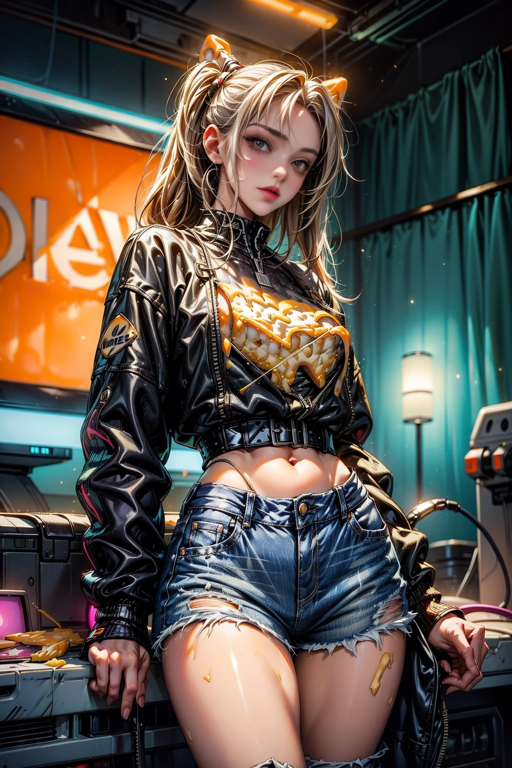 <lora:CheeseWorld:1.0>  (CheeseWorld:1.2) (1girl:1.1) (sexy cyber punk shirt and jeans shorts:1.2) with an (electronic videogame:1.3) (futurisic world:1.2)   max quality, ultra-detailed, masterpiece. <lora:more_details:1.0>