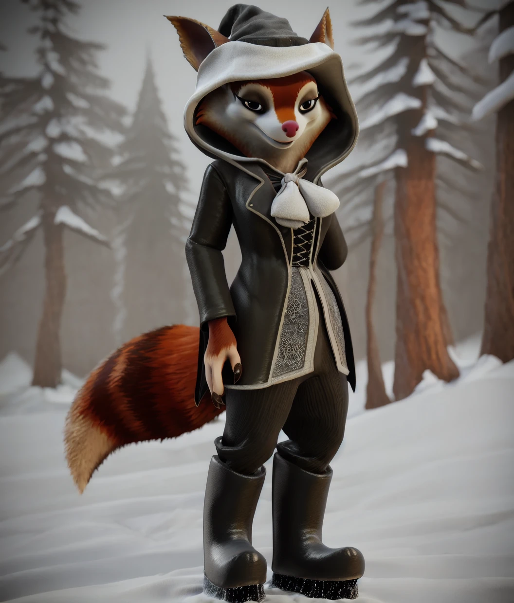 <lora:hoodwinkSquirrel:0.62>,teasing_smile,winter hat,gothic,3d \(artwork\),blouse,black overcoat,blue harem pants,hoodwinkSquirrel,snow boots,in winter,