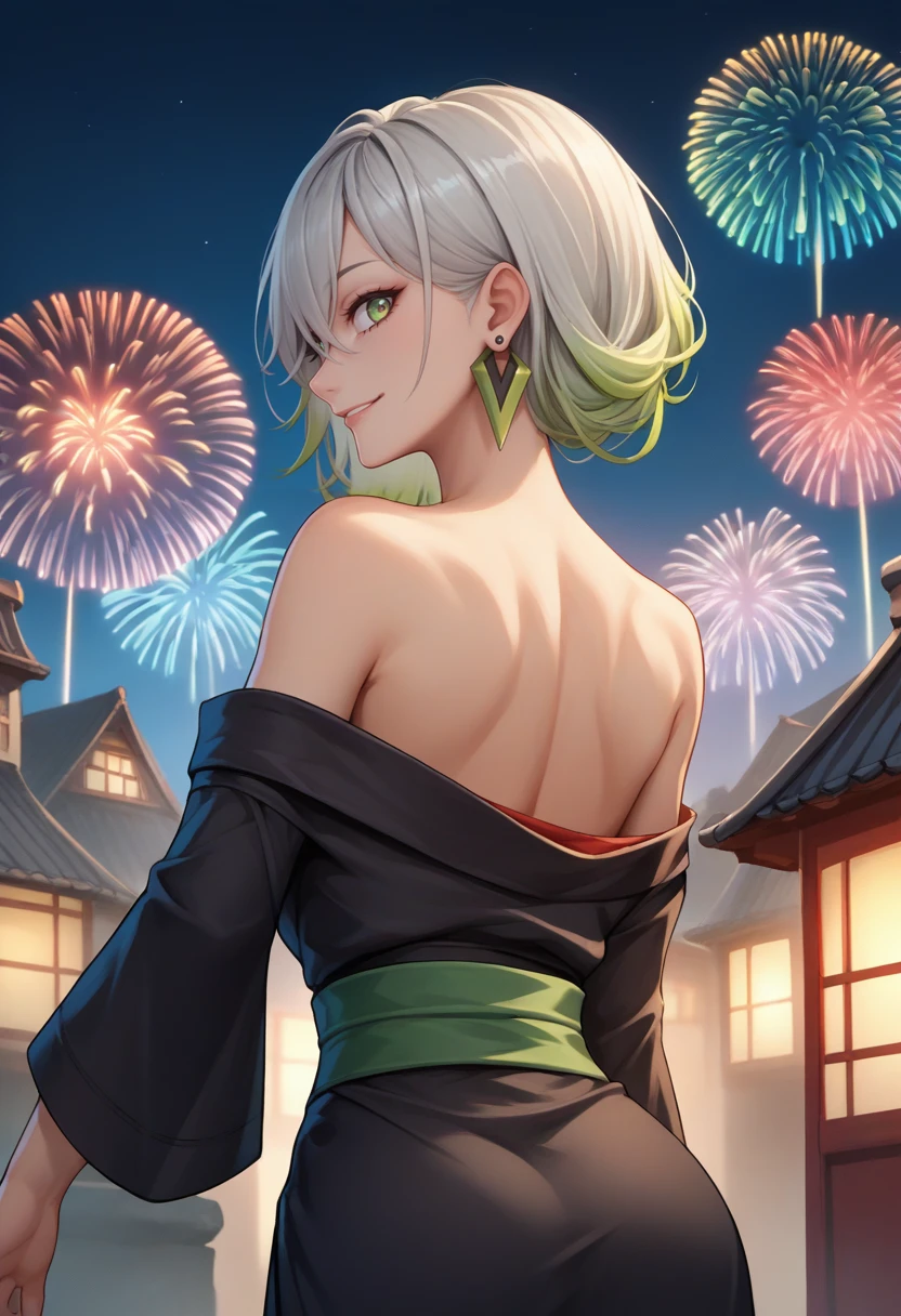 score_9, score_8_up, score_7_up, source_anime, from behind, solo, 1girl, diabellestarr, smile, looking back, black kimono, off shoulder, green sash, earrings, bare shoulders, fireworks <lora:yugioh_diabellestarr_ponyXL-CAME:1>