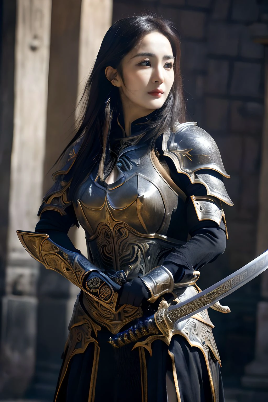 best quality, masterpiece, Ultra-high resolution, (Realistic:1.5), original photo, 1 girl,versace Off-shoulder Kimono Mecha Paladin Future Armor, in the darkness, Deep shadows, Low profile, Cold Light,