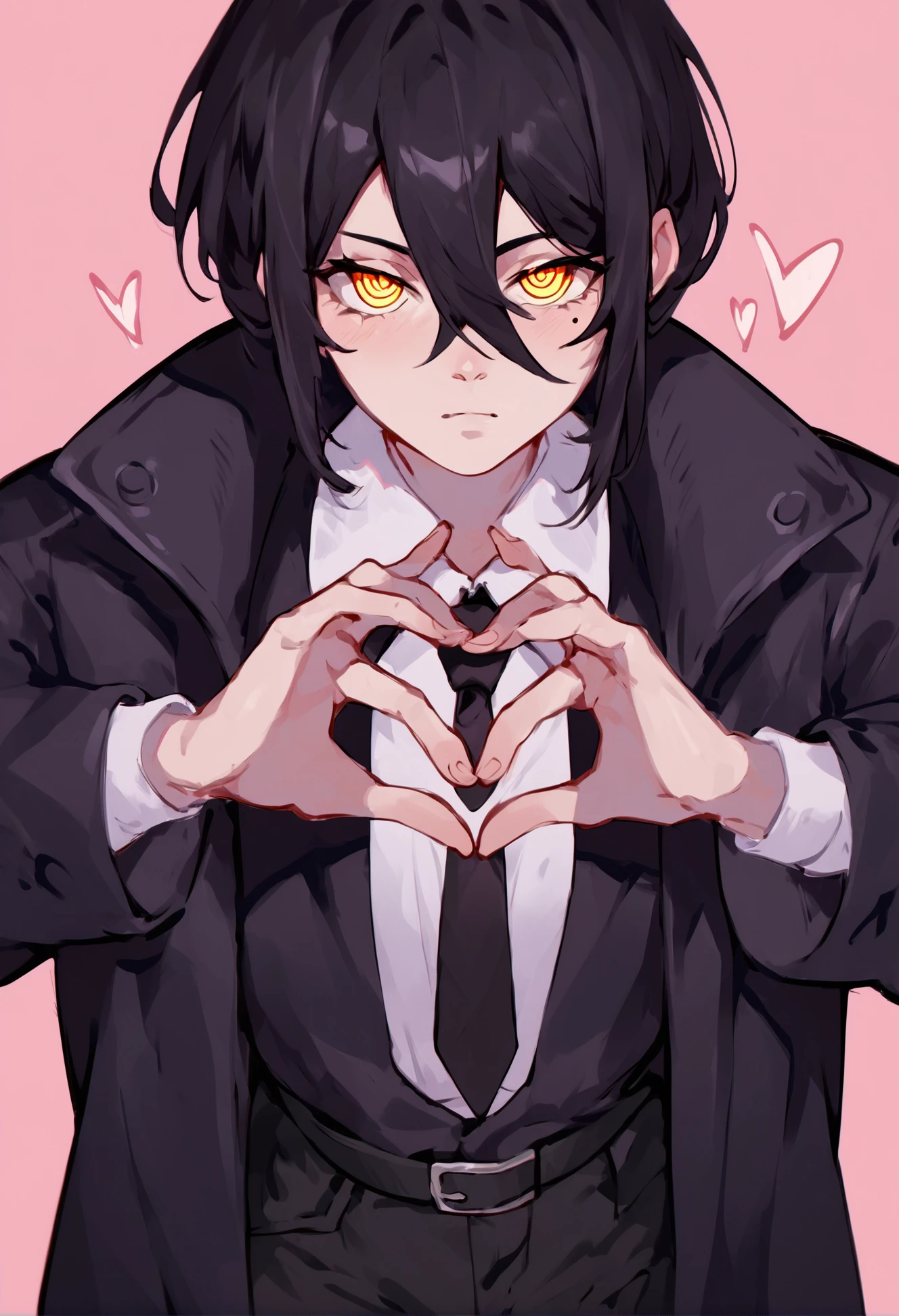 (score_9, score_8_up), score_7_up, score_6_up, score_5_up, score_4_up, Nayuta, 1girl, ringed eyes, black hair, yellow eyes, best quality, :D, heart hands, looking at viewer, black coat, open coat, white collared shirt, white shirt, black necktie, chemise, black pants, belt, pink background, hearts, <lora:Nayuta_CSM_XL_Pony:1> <lyco:style_notsorapoi_ponyXL-CAME:1>, hair between eyes, short hair, mole under eye,