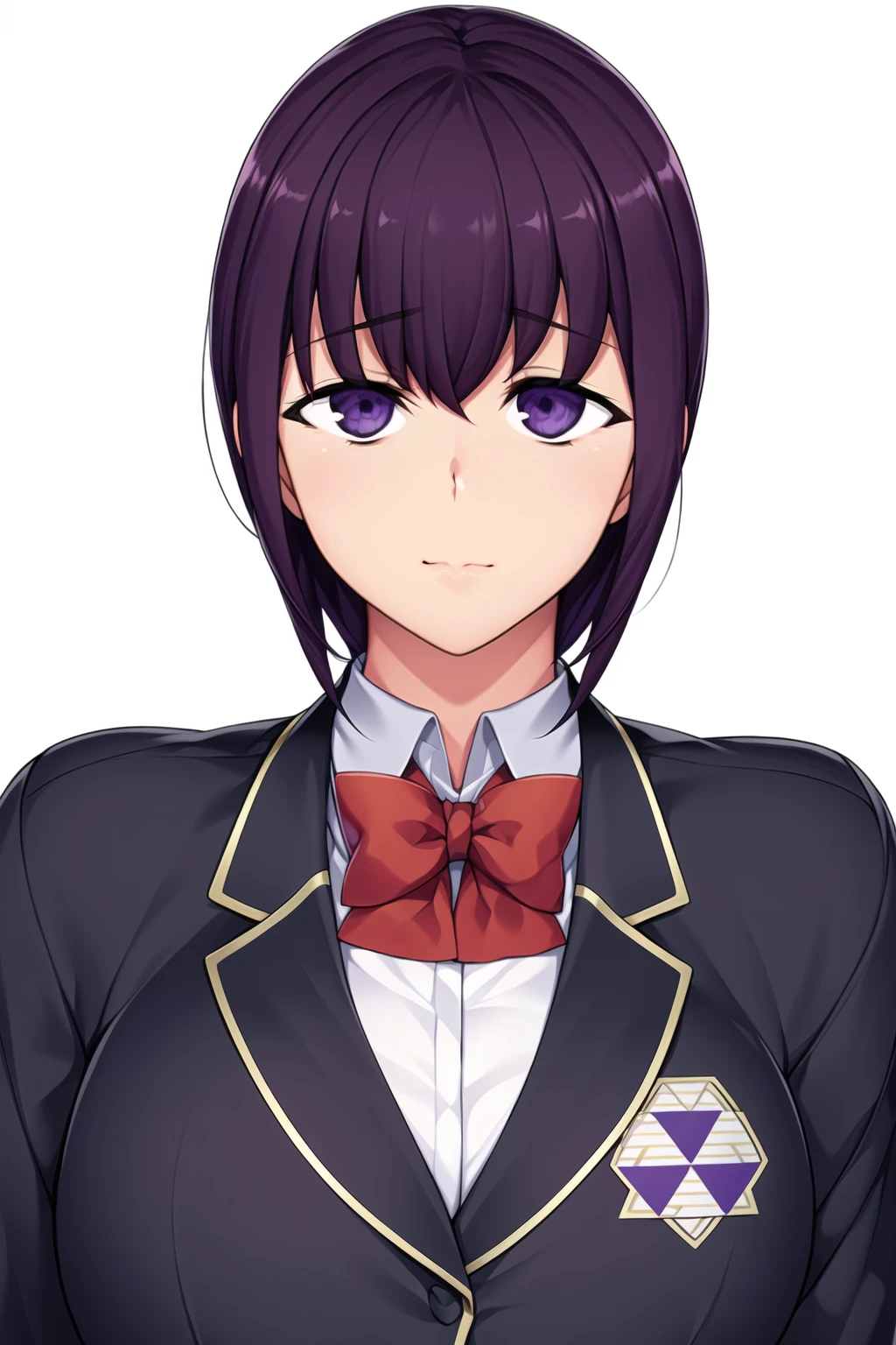 Simple White Background,
dynamic pose,standing at attention,
school_uniform,Blue_jacket,red_bowtie, pleated_skirt,thighhighs,black legwear,long sleeves,
<lora:Honami_Okudera_SaiminSeishidou-KK77-V1:0.7>,
Purple eyes, Purple hair,bangs,short hair,
<lora:Oda_Non_Style-KK77-V2:0.3>,<lora:SaiminSeishidou_Lesson_Style-KK77-V1:0.1>,<lora:more_details:0.1>,
1 girl, 20yo,Young female,Beautiful long legs,Beautiful body,
Beautiful Nose,Beautiful character design, perfect eyes, perfect face,expressive eyes,perfect balance,
looking at viewer,(Focus on her face),closed mouth, (innocent_big_eyes:1.0),(Light_Smile:0.3),
official art,extremely detailed CG unity 8k wallpaper, perfect lighting,Colorful, Bright_Front_face_Lighting,White skin,
(masterpiece:1.0),(best_quality:1.0), ultra high res,4K,ultra-detailed,
photography, 8K, HDR, highres, absurdres:1.2, Kodak portra 400, film grain, blurry background, bokeh:1.2, lens flare, (vibrant_color:1.2),professional photograph,
(Beautiful,large_Breasts:1.2), (beautiful_face:1.5),(narrow_waist),