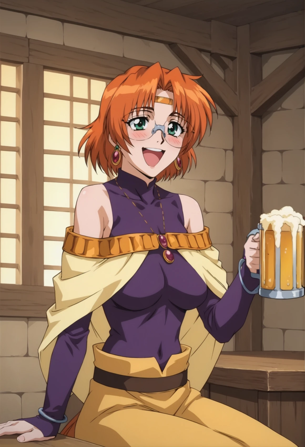 1girl, short hair, green eyes, orange hair, low ponytail, earrings, glasses, circlet, pendant, purple dress, bare shoulders, purple bridal gauntlets, cape, earrings, yellow skirt, sitting, indoors, medieval tavern, upper body, sitting, table, holding beer mug, smile, open mouth, drunk, blushing <lora:Ila xl:1>, score_9, score_8_up, score_7_up, score_6_up, score_5_up, score_4_up, BREAK source_anime, masterpiece
