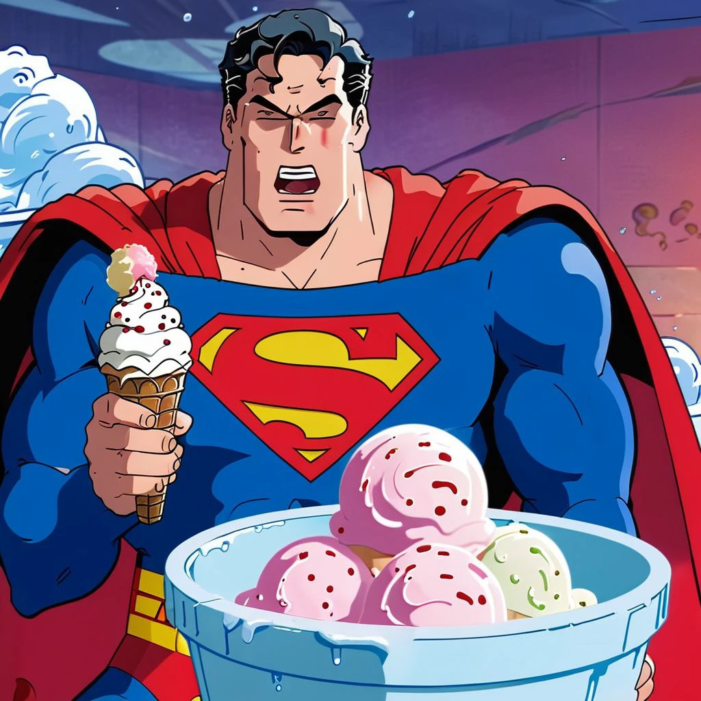 superman is slobbishly eating a comically large tub of ice cream, detailed face,  full body, animated, smheroes style<lora:90s_Animated_Super_Heroes:1>