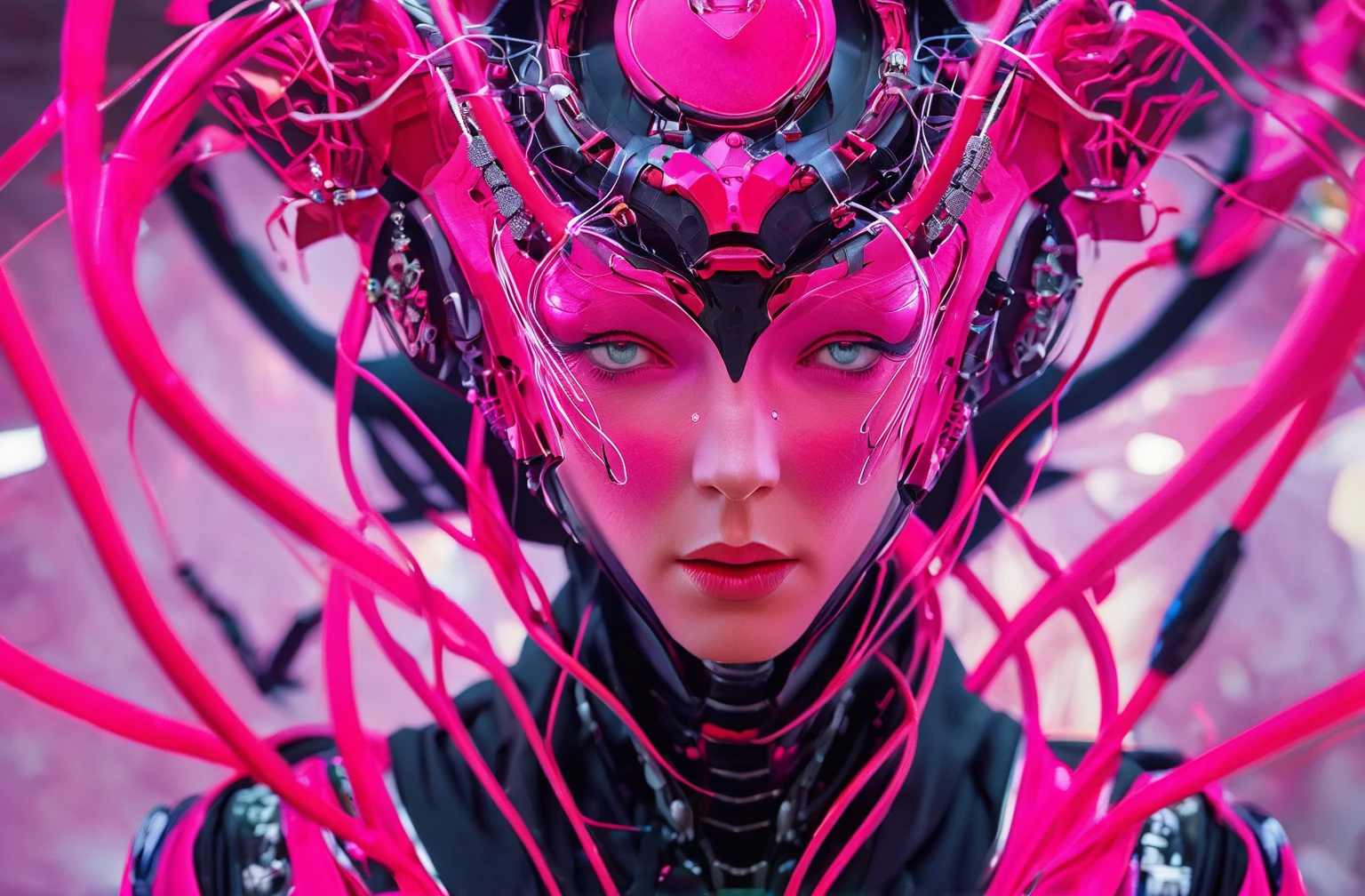 concept art FN Concept, Concept map, cyber technology, ultra high definition face, describe this image in a very detailed manner. a woman with a contemplative expression is adorned in a futuristic red and black costume, featuring a complex helmet with a pink visor and a series of red and black wires. her face is painted in a striking pink and white pattern, with a subtle sparkle, suggesting a high-tech or cybernetic theme. the costume's detailed design and the woman's thoughtful demeanor evoke a sense of advanced technology and a deep connection with the digital world.<lora:FN_concept-000009:1>, . digital artwork, illustrative, painterly, matte painting, highly detailed