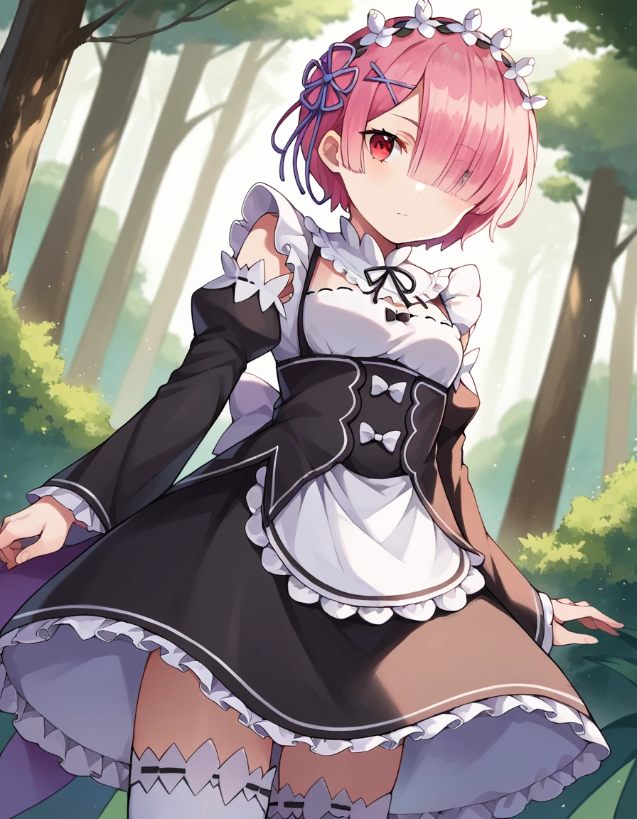 score_9, score_8_up, score_7_up, source_anime,
rezeroram, <lora:rezero-ram-ponyxl-lora-nochekaiser:1>,
ram, hair flower, hair ornament, hair over one eye, pink hair, red eyes, short hair, x hair ornament,
apron, black bow, black dress, black ribbon, bow, detached sleeves, dress, frilled apron, frilled sleeves, frills, juliet sleeves, long sleeves, maid, neck ribbon, puffy sleeves, ribbon, roswaal mansion maid uniform, thighhighs, two-tone dress, waist apron, white bow, white dress, white thighhighs,
outdoors, forest, nature, village
looking at viewer, dutch angle, cowboy shot,