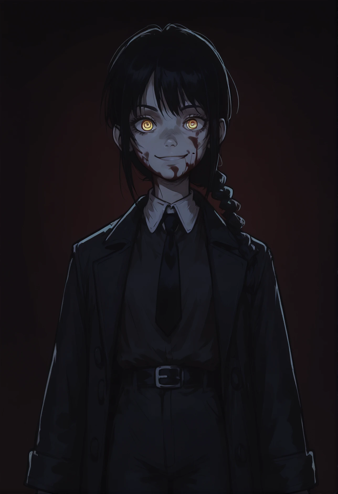 (score_9, score_8_up), score_7_up, score_6_up, score_5_up, score_4_up, Nayuta, 1girl, ringed eyes, black hair, yellow eyes, best quality, young, black coat, open coat, trench coat, white collar shirt, black necktie, black pants, black belt, red background, creepy, grain, blood on face, smile, medium hair, single braid, glowing eyes, <lora:Nayuta_CSM_XL_Pony:1> <lora:Smooth Night Style SDXL_LoRA_Pony Diffusion V6 XL:0.8> dark theme, low light,