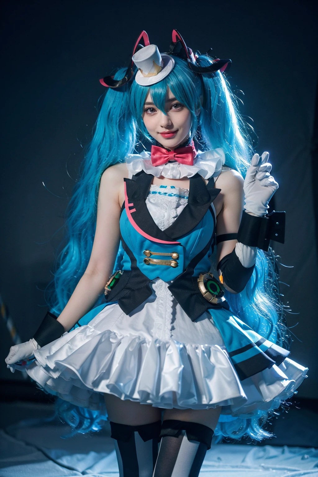 best quality, masterpiece, realistic, photorealistic, 1girl, solo, looking at viewer, smile, standing, cowboy shot, hatsune miku cosplay costume, hatsune miku, magical mirai miku, cosplay, aqua hair, twintails, very long hair, vest, sleeveless dress, frills, asymmetrical gloves, bowtie, mini hat, hair ornament, gloves, wrist cuffs, asymmetrical legwear, vertical-striped thighhighs, in stage, spotlight, bands, <lora:miku_cosplay_magicalMirai2019_v1:0.7>