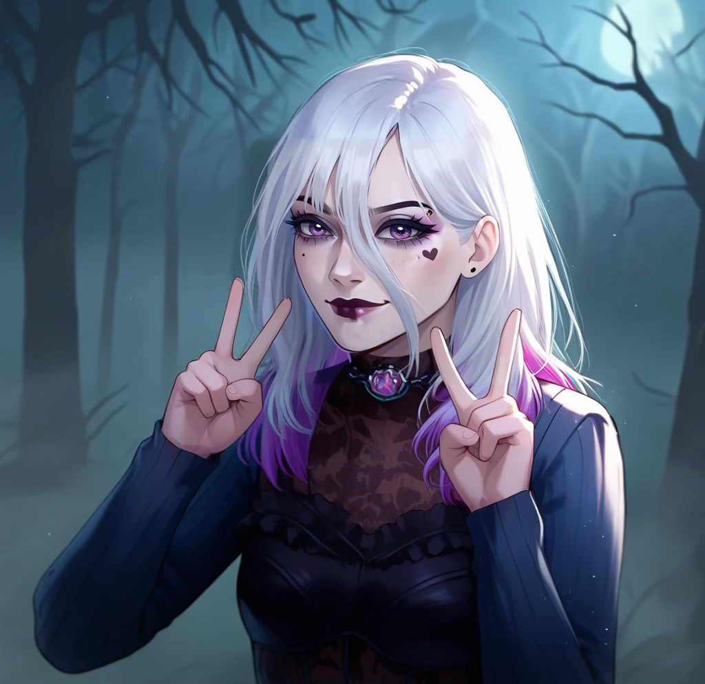 score_9, score_8_up, source_anime, 1girl, very dark image at night, cinematic side view, dead by daylight, solo BREAK <lora:PONY Sable Warb DBD 45 v2:1> Sable Ward, white hair with purple tips, purple eyes, confident, smirking, raised eyebrow, high confidence, posing confidently and giving a double v to the viewer, girl is inside a dark field with dead trees around her