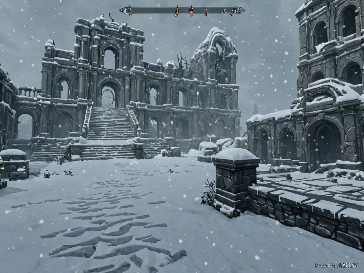 videogame screenshot of a ruins area, blizzard, , videogame screenshot <lora:Skyrim_Style_XL>