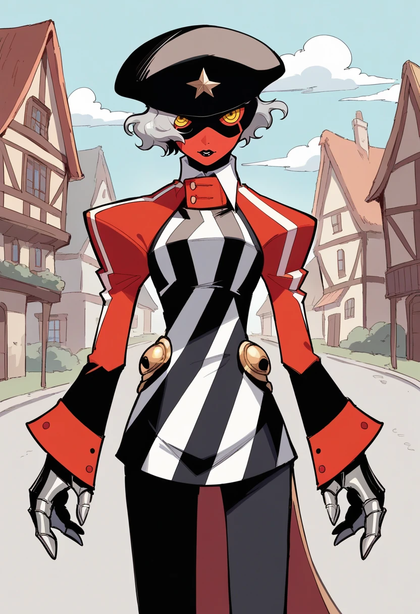 score_9, score_8_up, score_7_up, source_anime BREAK 1girl, solo,  <lora:zs_ErnestoXL:1>  ernestop5t, colored skin, red skin, yellow eyes, short hair, grey hair, hat, dress, pants, gloves, black lipstick, village, looking at viewer