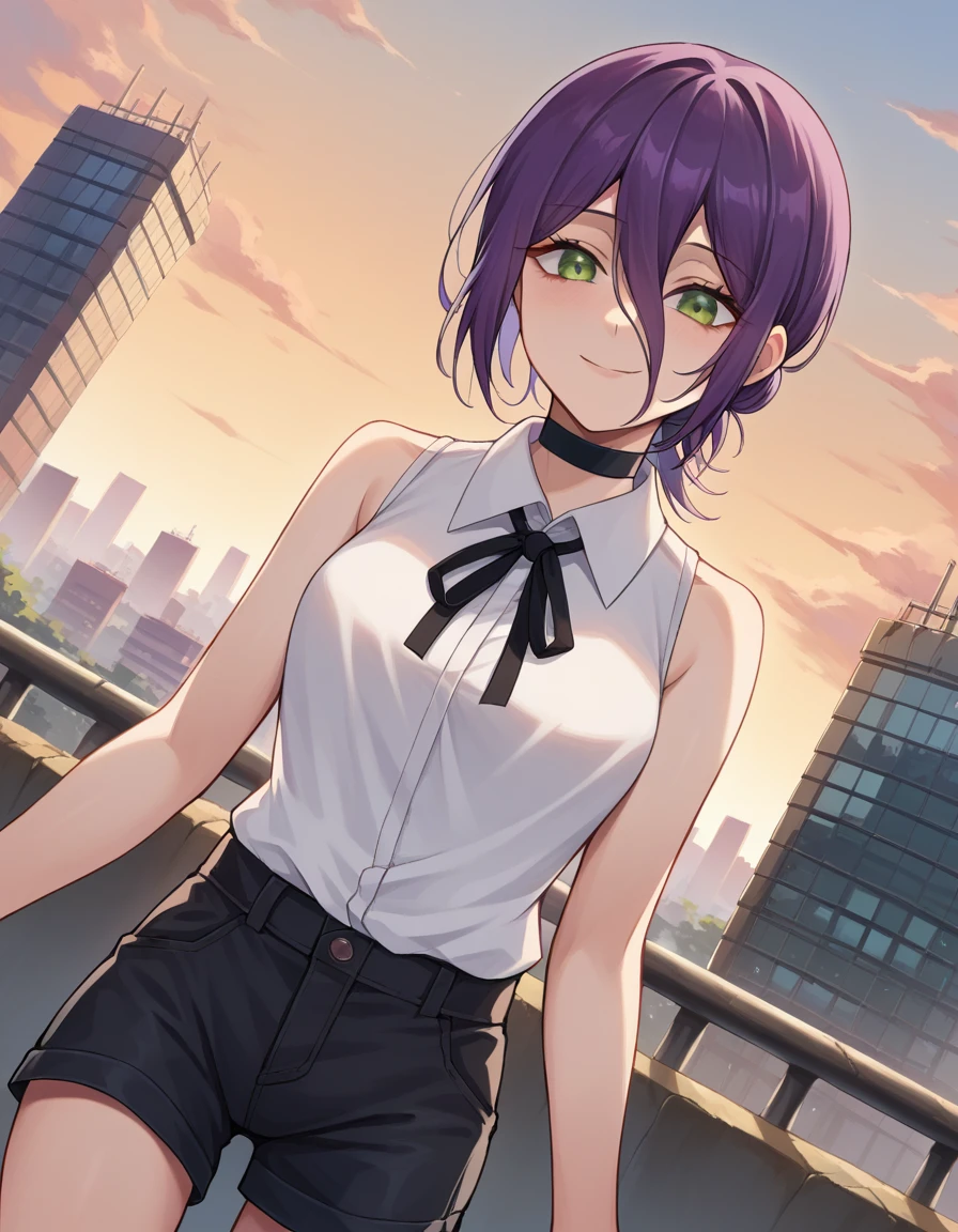 score_9, score_8_up, score_7_up, source_anime,
chainsawreze, <lora:chainsawman-reze-ponyxl-lora-nochekaiser:1>,
reze, black choker, purple hair, choker, eyebrows hidden by hair, green eyes, hair between eyes, long bangs, medium hair, smile,
bare shoulders, black ribbon, black shorts, collar, collared shirt, neck ribbon, ribbon, shirt, shorts, sleeveless, sleeveless shirt, white shirt,
outdoors, cityscape,
looking at viewer, dutch angle, cowboy shot,