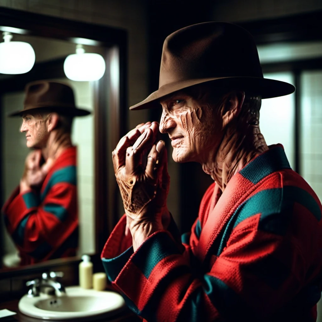 cinematic photo a man with a hat in a bathrobe looking to his face in a mirror, introspective, sad <lora:FreddyKrueger1024:0.8> . 35mm photograph, film, bokeh, professional, 4k, highly detailed
