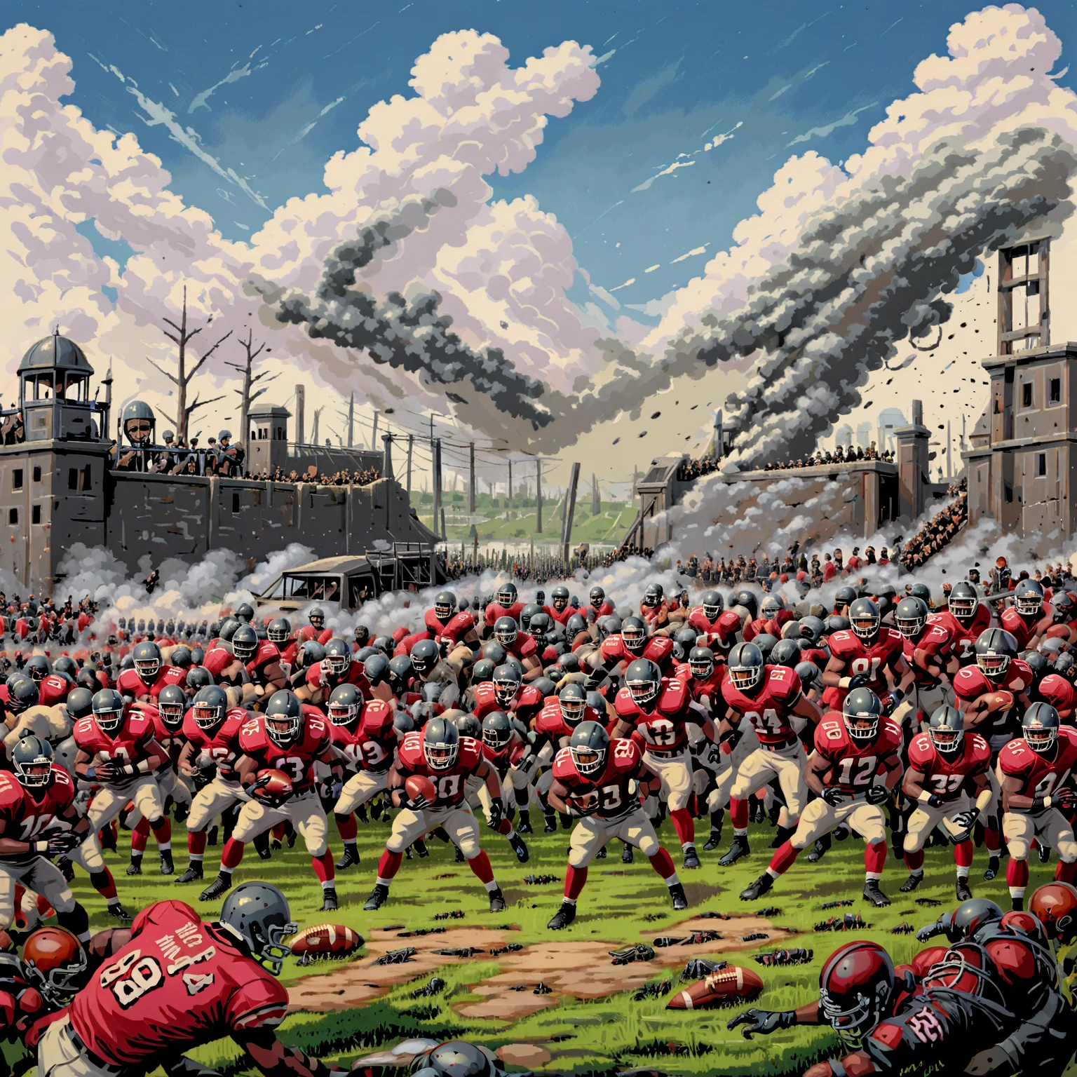 a large battle with American Football Players, battle, crowd of soldiers,