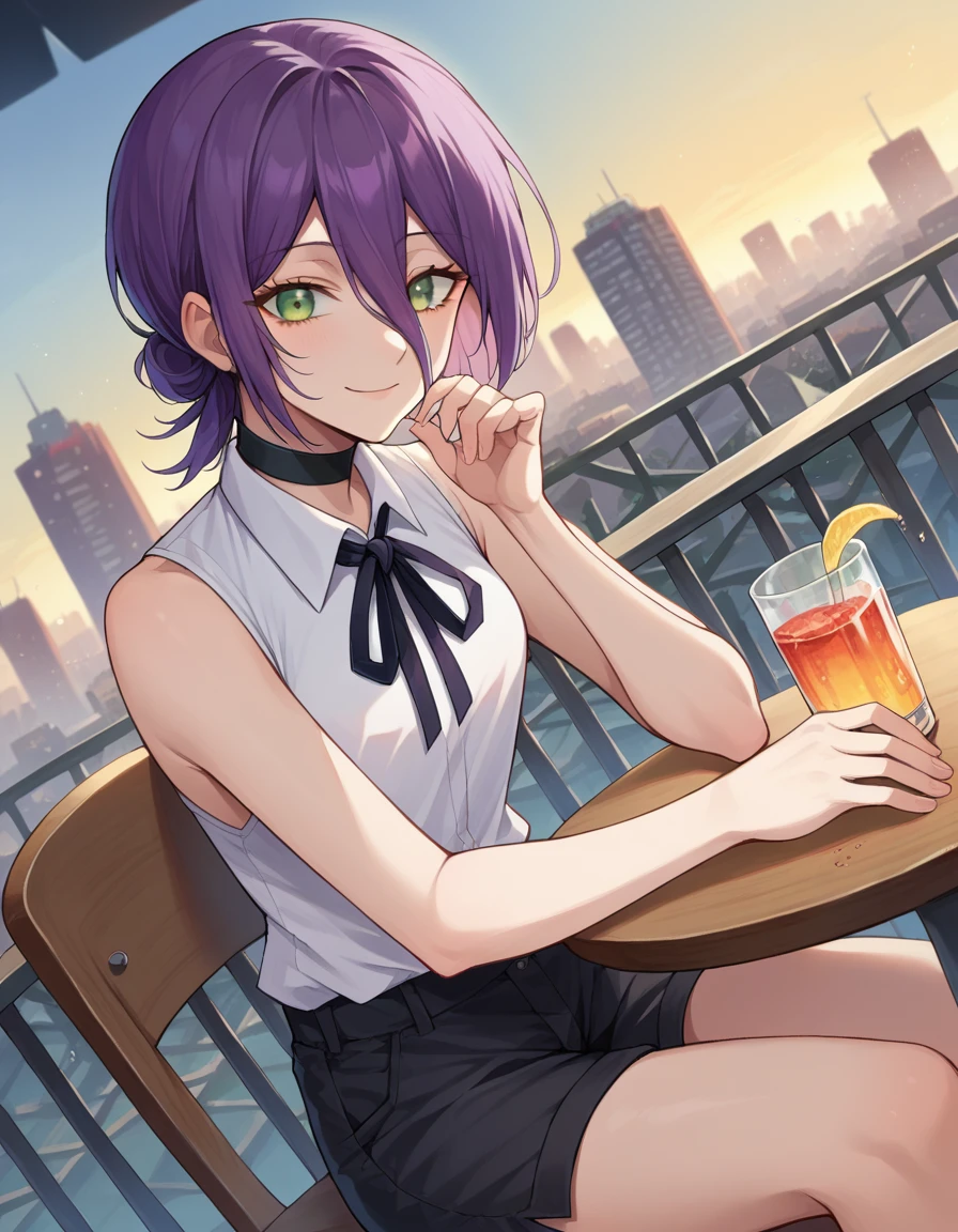 score_9, score_8_up, score_7_up, source_anime,
chainsawreze, <lora:chainsawman-reze-ponyxl-lora-nochekaiser:1>,
reze, black choker, purple hair, choker, eyebrows hidden by hair, green eyes, hair between eyes, long bangs, medium hair, smile,
bare shoulders, black ribbon, black shorts, collar, collared shirt, neck ribbon, ribbon, shirt, shorts, sleeveless, sleeveless shirt, white shirt,
outdoors, cityscape, sitting, table, chair, drinking,
looking at viewer, dutch angle, cowboy shot,