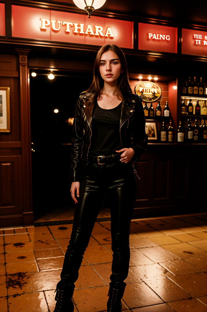 tv_Generic_25yo_Russian_v2 , , hard expression, wearing biker boots, wearing detailed leather pants, wearing a band t-shirt, wearing a leather jacket, standing at the bar in a biker bar, shot from the side,,  photographed on a Canon EOS R5, 50mm lens, F/2.8, HDR, 8k resolution, highres, high detail, sharp focus, , photography, 8k uhd,