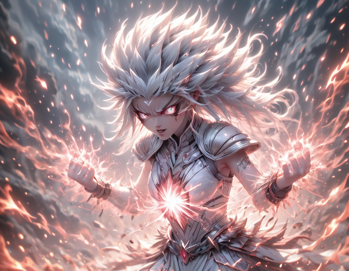 (((masterpiece))) , (((best quality))) , anime style, 2d, well-built charming 1girl, solo, lovely 1girl, PoweringUp, wide view of Beautiful Gorgeous furious Takani Megumi powering up, roaring, transparent white flaming cloud aura surrounds, she has Shaved sides hair, key visual,