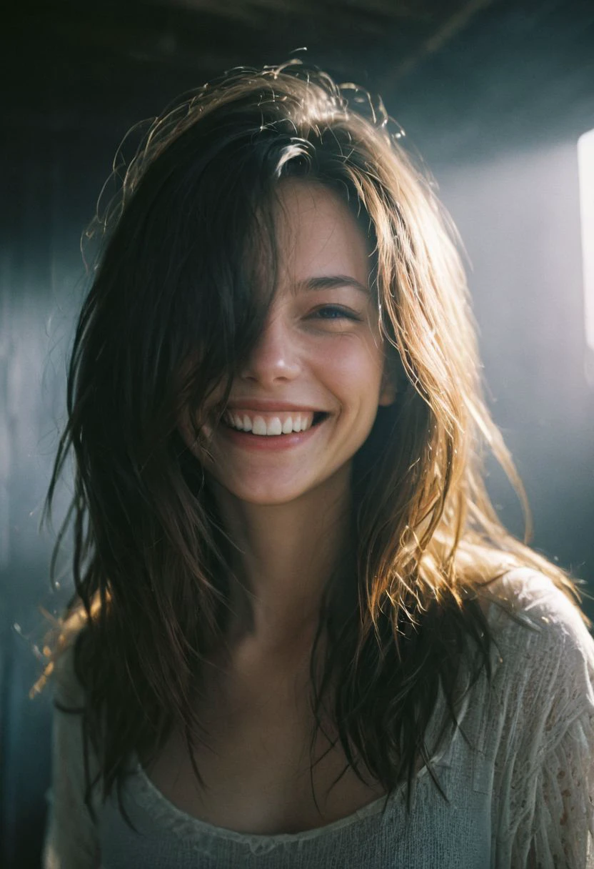 closeup portrait, Surreal, amazing quality, masterpiece, best quality, awesome, inspiring, a light smiling amused woman with hair over her eyes, hair completely covers her face. cinematic composition, soft shadows, 
atmospheric haze, Film grain, cinematic film still, shallow depth of field, highly detailed, high budget, cinemascope, moody, epic, OverallDetail, 2000s vintage RAW photo, photorealistic, candid camera, color graded cinematic, atmospheric lighting, imperfections, natural, shallow dof