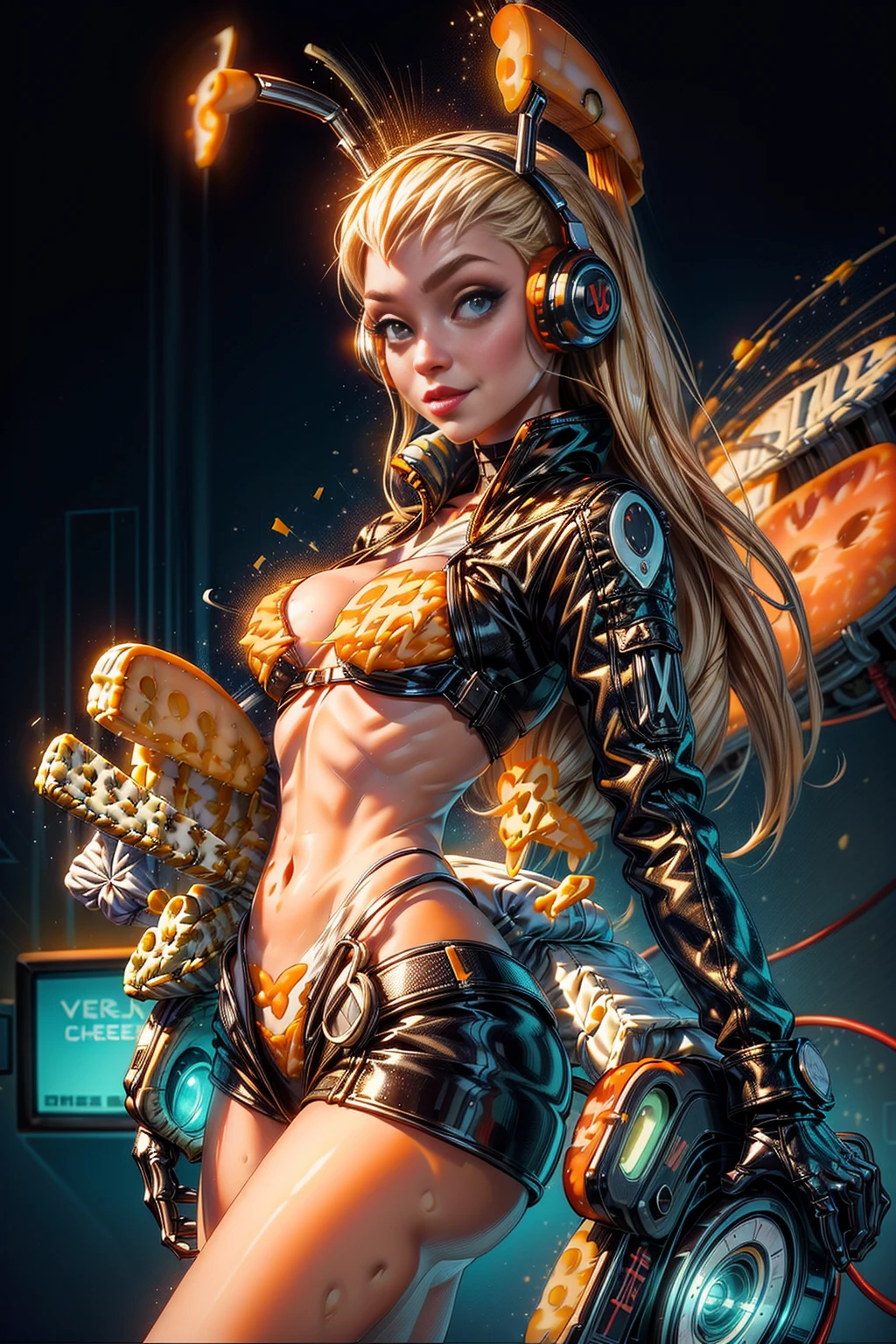 <lora:CheeseWorld:1.0> (CheeseWorld:1.2) (1girl:1.1) (sexy cyber bikini:1.2) with an (electronic videogame:1.3) (futurisic world:1.2) max quality, ultra-detailed, masterpiece. <lora:more_details:1.0>