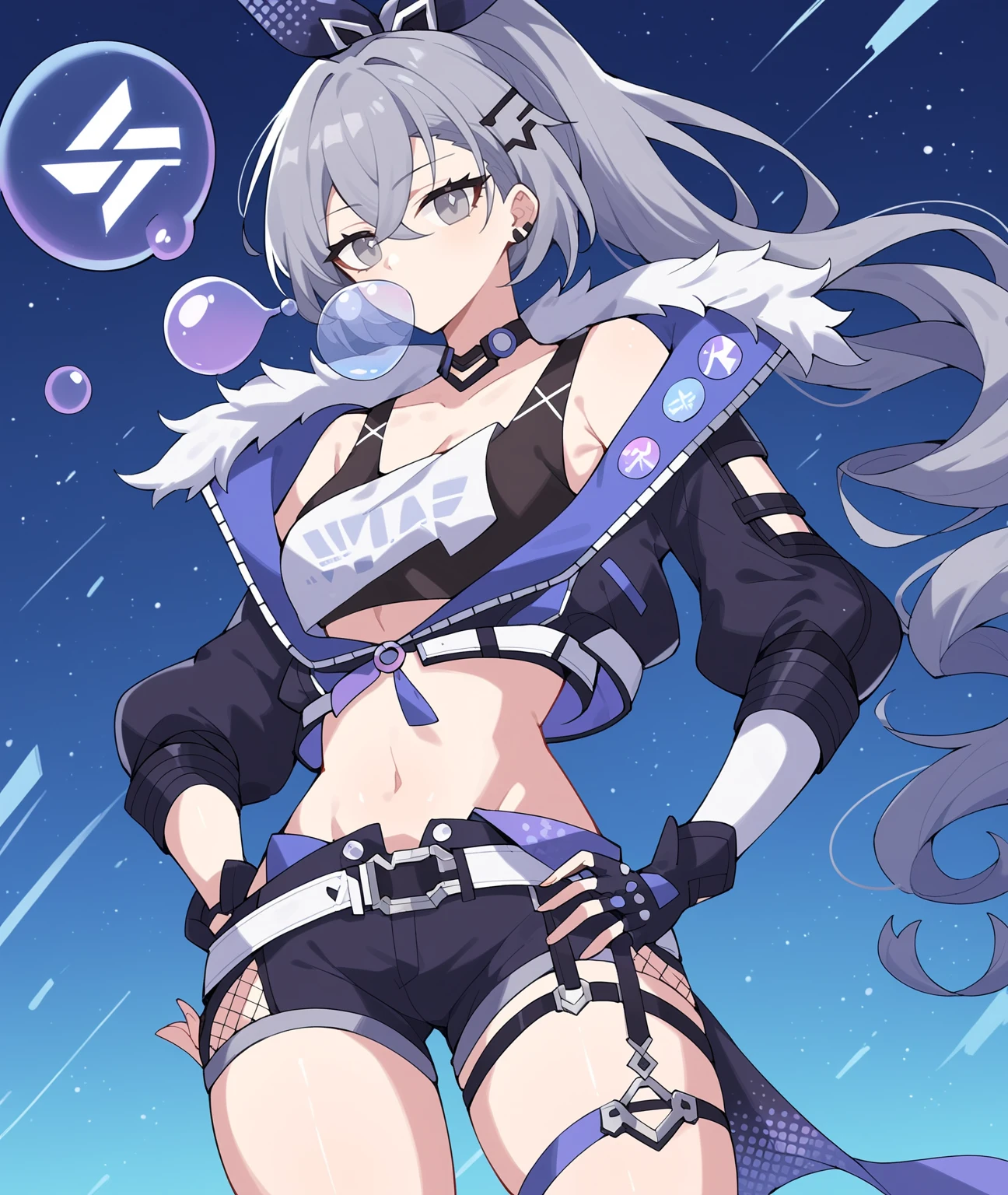 score_9, score_8_up, score_7_up, score_6_up, silver wolf \(honkai: star rail\), 1girl, belt, black choker, black gloves, black jacket, black shorts, black tank top, blowing bubbles, blue ribbon, choker, cowboy shot, crop top, fingerless gloves, gloves, grey eyes, grey hair, hair between eyes, hair ribbon, hand on own hip, jacket, long hair, long sleeves, looking at viewer, midriff, navel, ponytail, ribbon, shirt, short shorts, shorts, single-shoulder shirt, solo, standing, stomach, tank top, thighs, white belt, white shirt,
<lora:SilverWolfV1:1>,