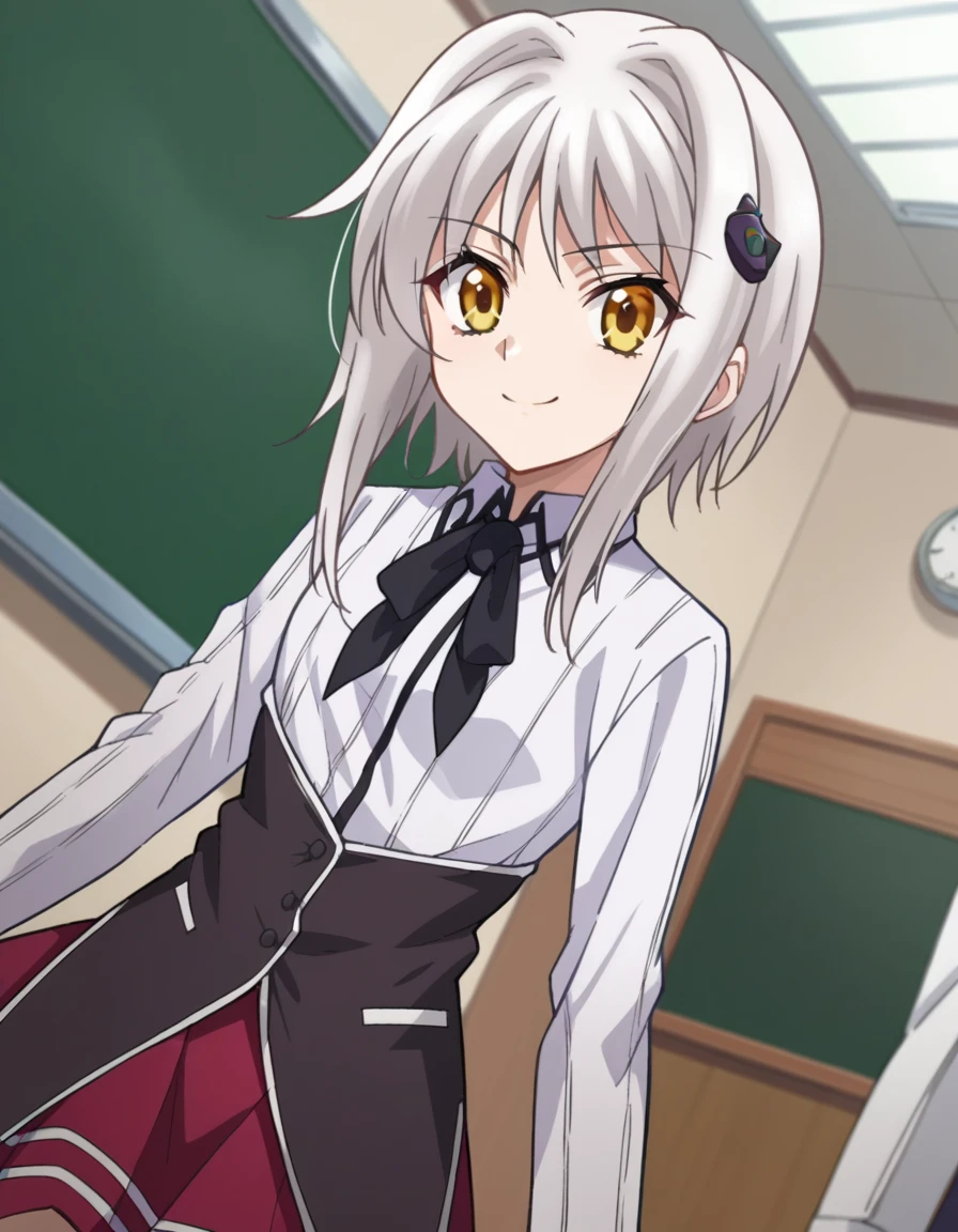 score_9, score_8_up, score_7_up, source_anime,
konekotoujou, <lora:koneko-toujou-ponyxl-lora-nochekaiser:1>,
koneko toujou, short hair, hair ornament, yellow eyes, white hair, smile,
skirt, school uniform, shirt, white shirt, collared shirt, neckerchief, black neckerchief, long sleeves, red skirt,
indoors, classroom,
looking at viewer, dutch angle, cowboy shot,