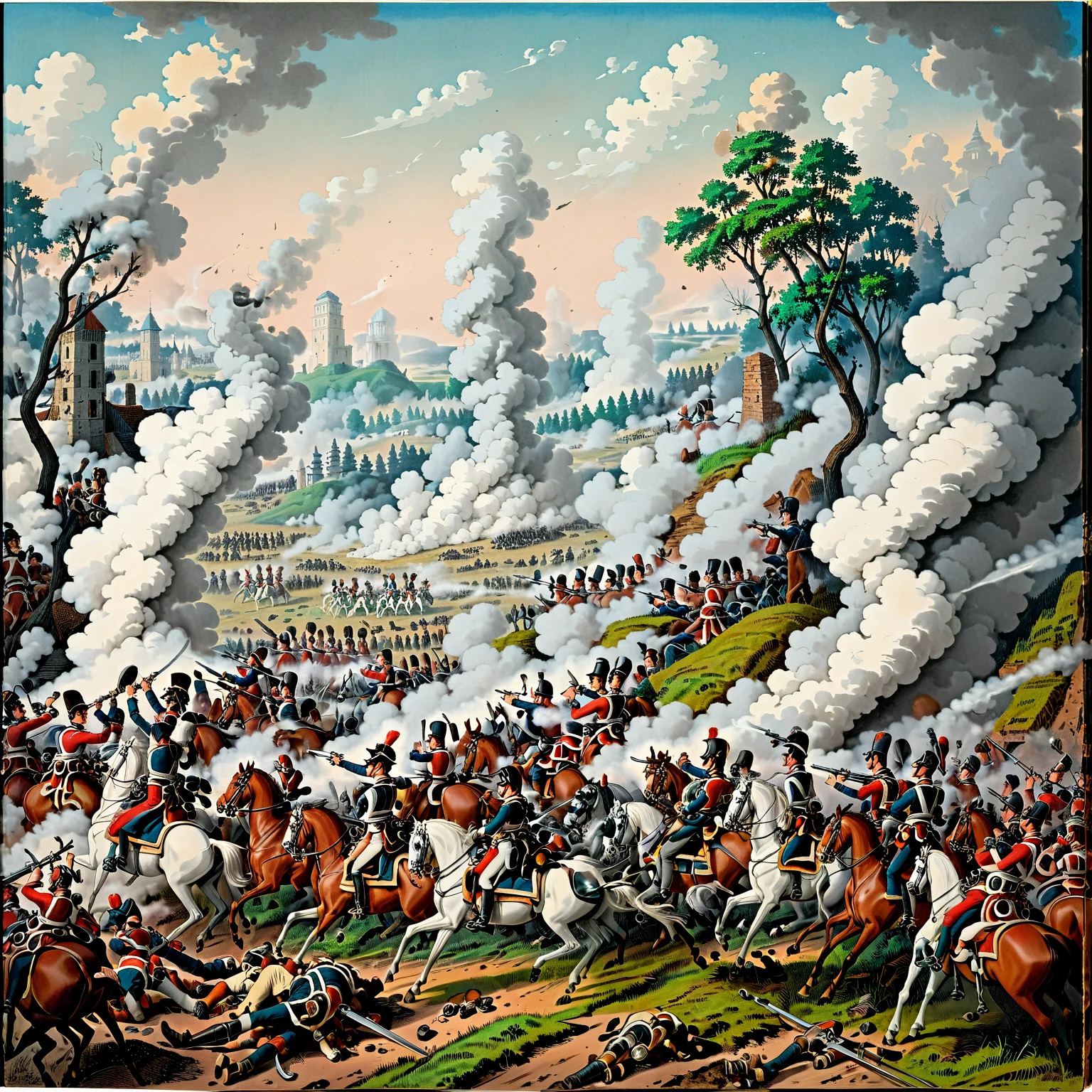 a large battle with cavarly men on horses, battle, groups of soldiers, gun smoke, battlefield