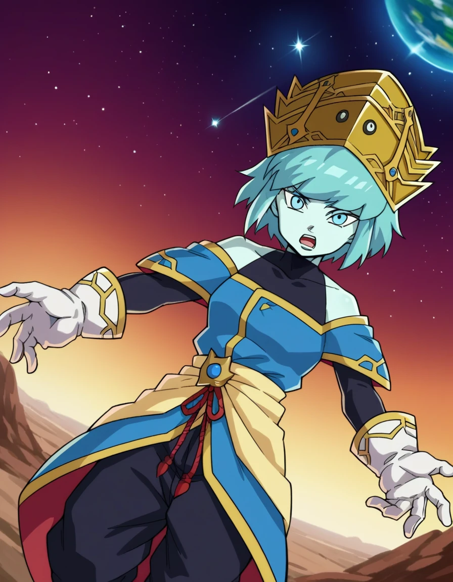 score_9, score_8_up, score_7_up, source_anime,
dragonballaeos, <lora:dragonball-aeos-ponyxl-lora-nochekaiser:1>,
aeos formone, short hair, gloves, long sleeves, hat, bare shoulders, blue hair, pants, white gloves, off shoulder, colored skin, turtleneck, crown, covered collarbone,
outdoors, space, stars \(sky\), fighting stance, open mouth,
looking at viewer, dutch angle, cowboy shot,