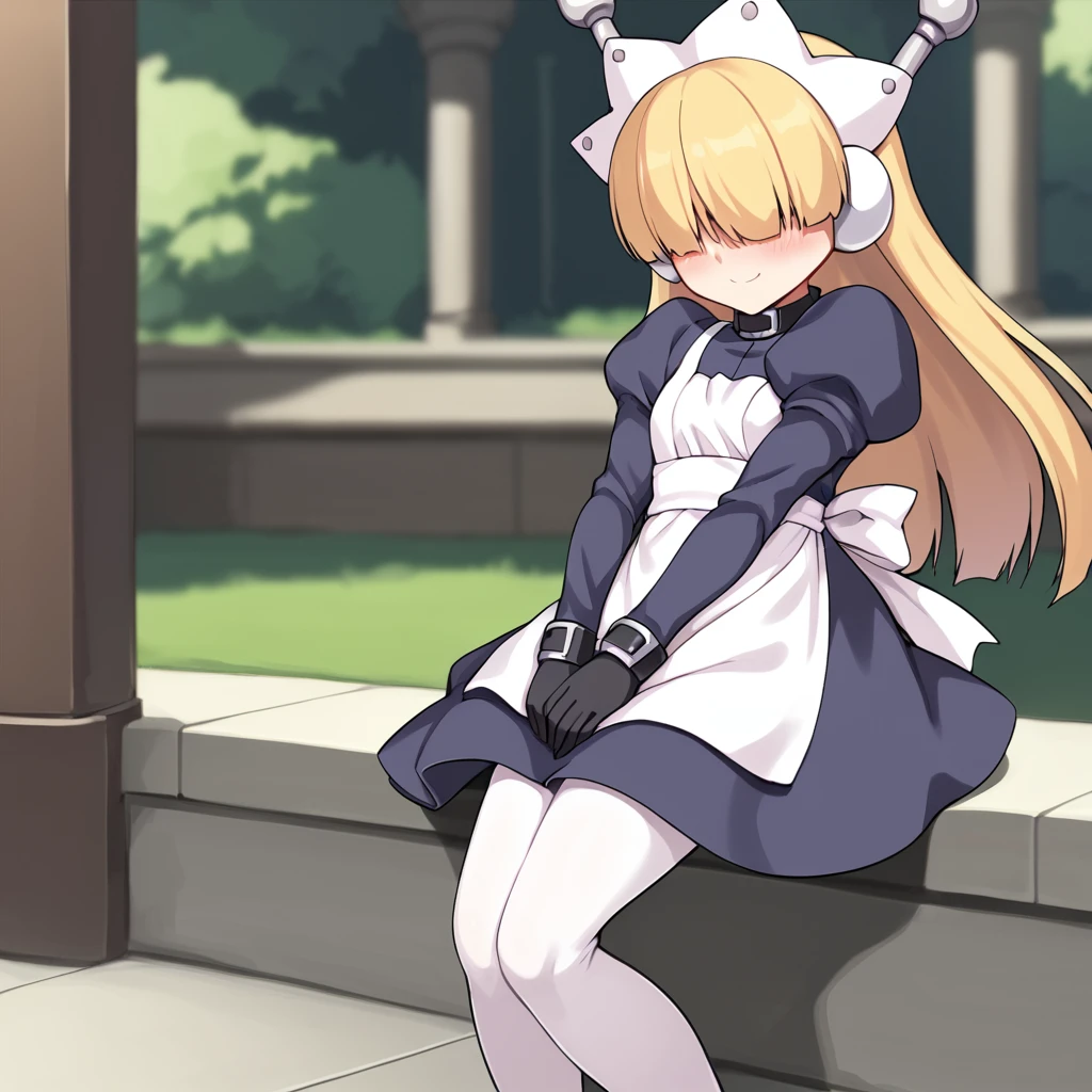 score_9, score_8_up, score_7_up, BREAK source_anime, rating_explicit, best quality, masterpiece, uncensored, 1girl, <lora:tesse_pony:1> tesse, 1girl, solo, hair over eyes, dress, blonde hair, puffy sleeves, long sleeves, purple dress, maid, apron, juliet sleeves, maid apron, gloves, white apron, white pantyhose, blush, (chibi:0.7), standing, hands between legs, in garden, light smile, closed mouth