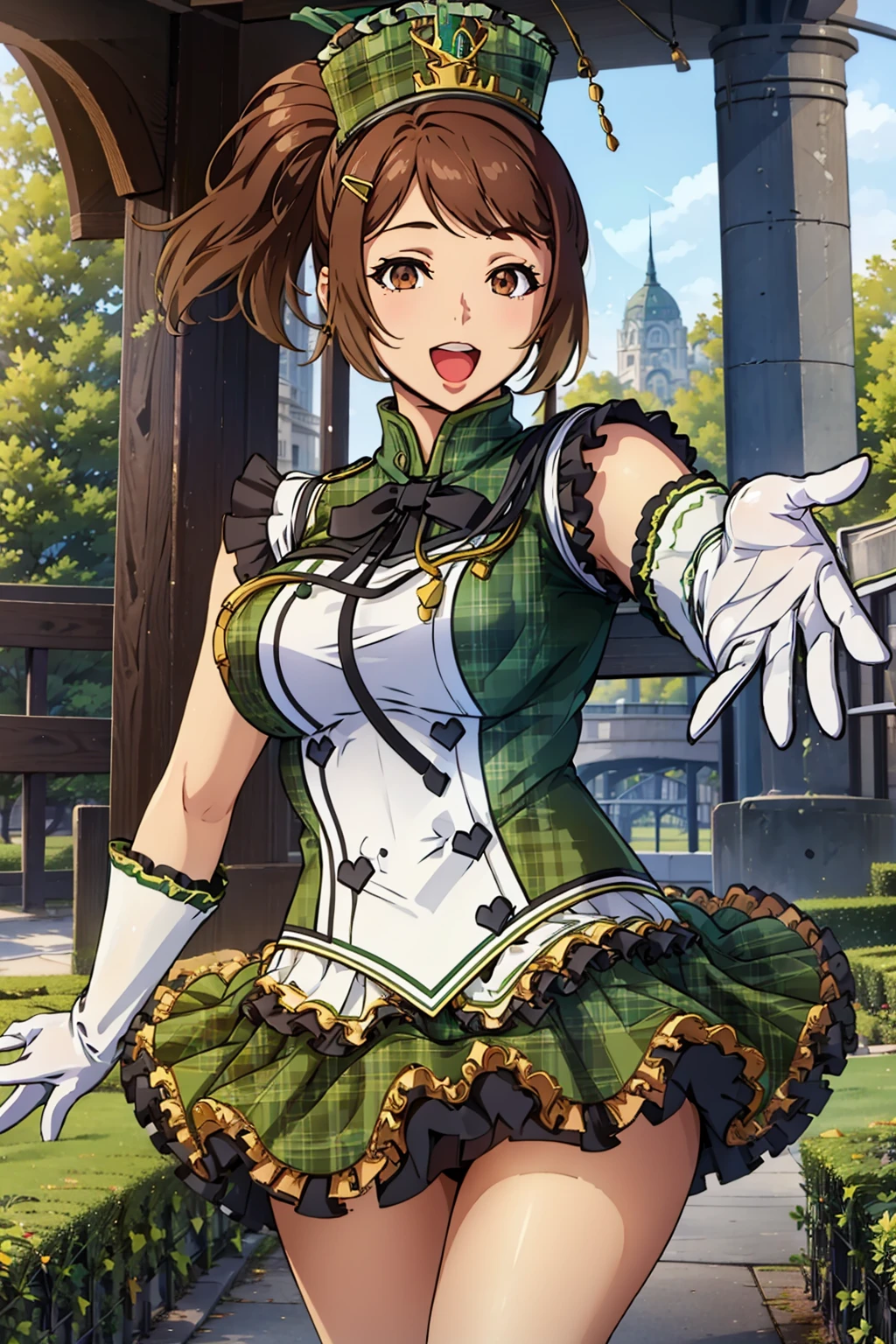 (masterpiece, best quality:1.2), solo, 1girl, smile, open mouth, large breasts, srw_olive, olive_idol, idol, shako cap, green frilled dress, green frilled plaid skirt, white glove, looking at viewer, brown hair, brown eyes, side ponytail, hair clip, swept bangs, amusement park  landscape, <lora:srw_olive_2:0.9>