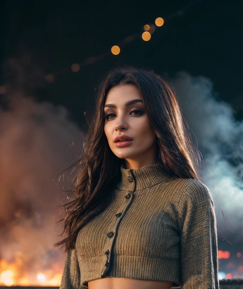 cinematic photo <lora:quiron_SusyGala_v2_Lora:0.97> SusyGalaQuiron, (best quality), (detailed), film grain, skin details, 4k, photoshoot of amazing woman, realistic, Dappled Light, (look at viewer), (skin texture), (realistic texture skin), cinematic light, sidelighting, best shadow, RAW, (Dutch angle), red ( lanterns ) in background, fog, fireworks and fog far background, fire, lighting, intricate detailed, . 35mm photograph, film, bokeh, professional, 4k, highly detailed