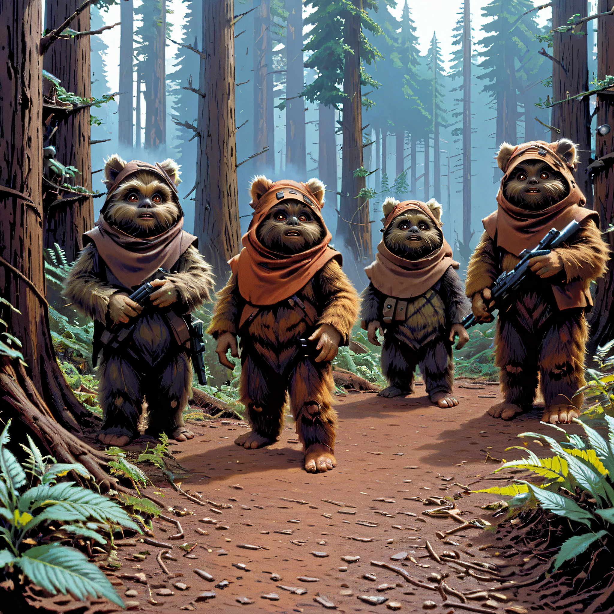 a group of ewks living in a village high in the trees, ewoks, scifi,