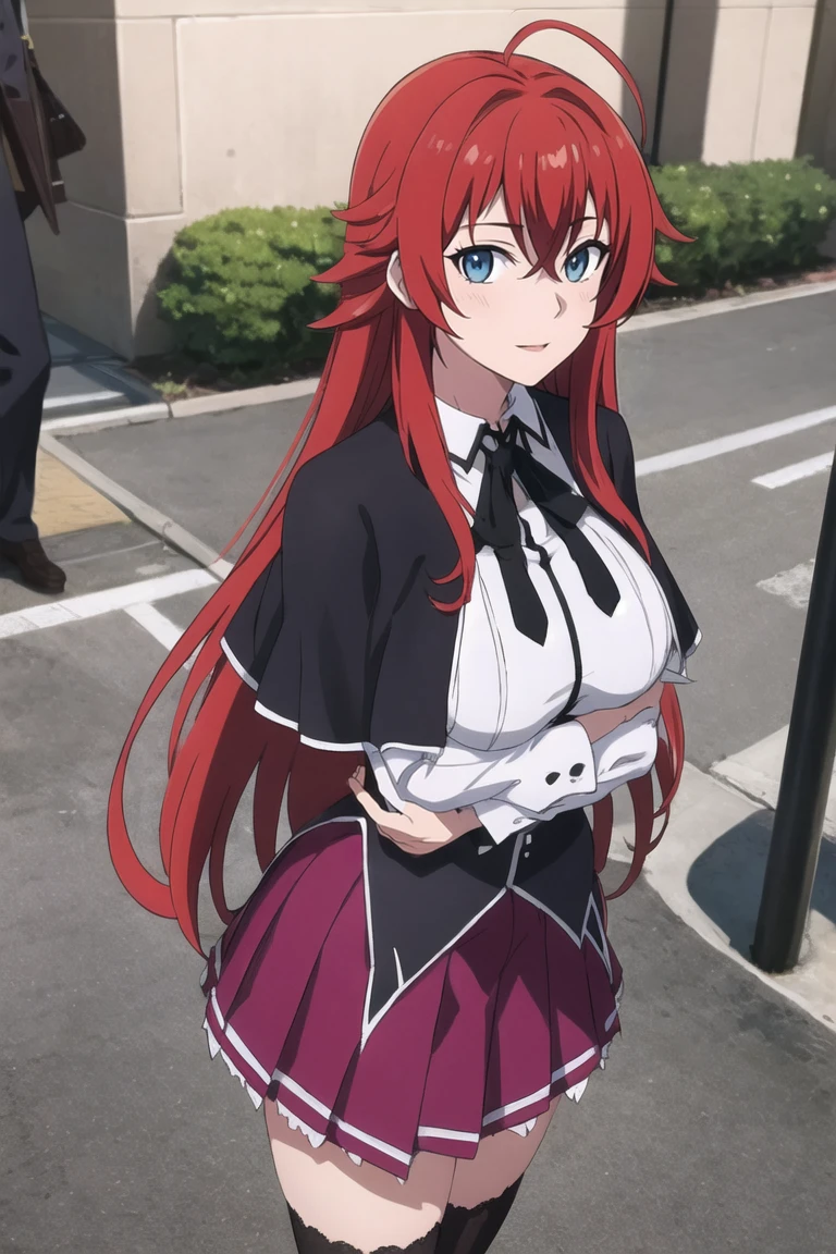 masterpiece, best quality, high quality, highres, outdoors, day, upper body, looking at viewer, solo, focused, BREAK, 
ANIME_DxD_Rias_Gremory_ownwaifu, 
1girl, bangs, long hair, red hair, breasts, large breasts, rias gremory, blue eyes, hair between eyes, very long hair, collarbone, hair intakes,  hair over breasts, 
black capelet, black corset, collared shirt, kuoh academy school uniform, layered skirt, underbust, school uniform, skirt, shirt, long sleeves, purple skirt, ribbon, miniskirt, neck ribbon, thighhighs, black ribbon, 
<lora:ANIME_DxD_Rias_Gremory_ownwaifu:1>