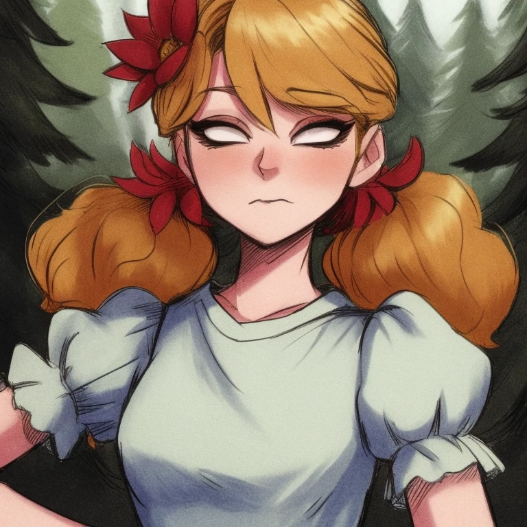 ((sketch)), digital drawing, forest setting, masterpiece, (face focus), closeup shot, wendydst, 1girl, solo, twintails, blonde hair, bangs, hair flower:0.8, white shirt, short sleeves, puffy sleeves, looking at viewer, closed mouth, no pupils:1.2, white eyes:1.2, 