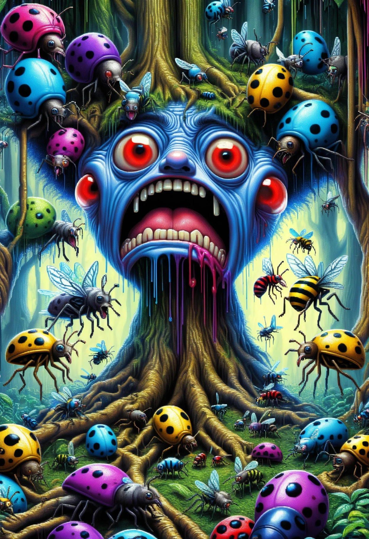 DonM8u663dXL, text "BUGGED!", hyper detailed masterpiece, dynamic realistic digital art, awesome quality,rehabilitation treetop canopy of growth,advanced hideaway,aqueous tweedledee and tweedledum aberration,aetheric distortion, extraterrestrial,nimbused,mottled,inclusive,dripping,dreary <lora:DonM8u663dXL-000008:1>