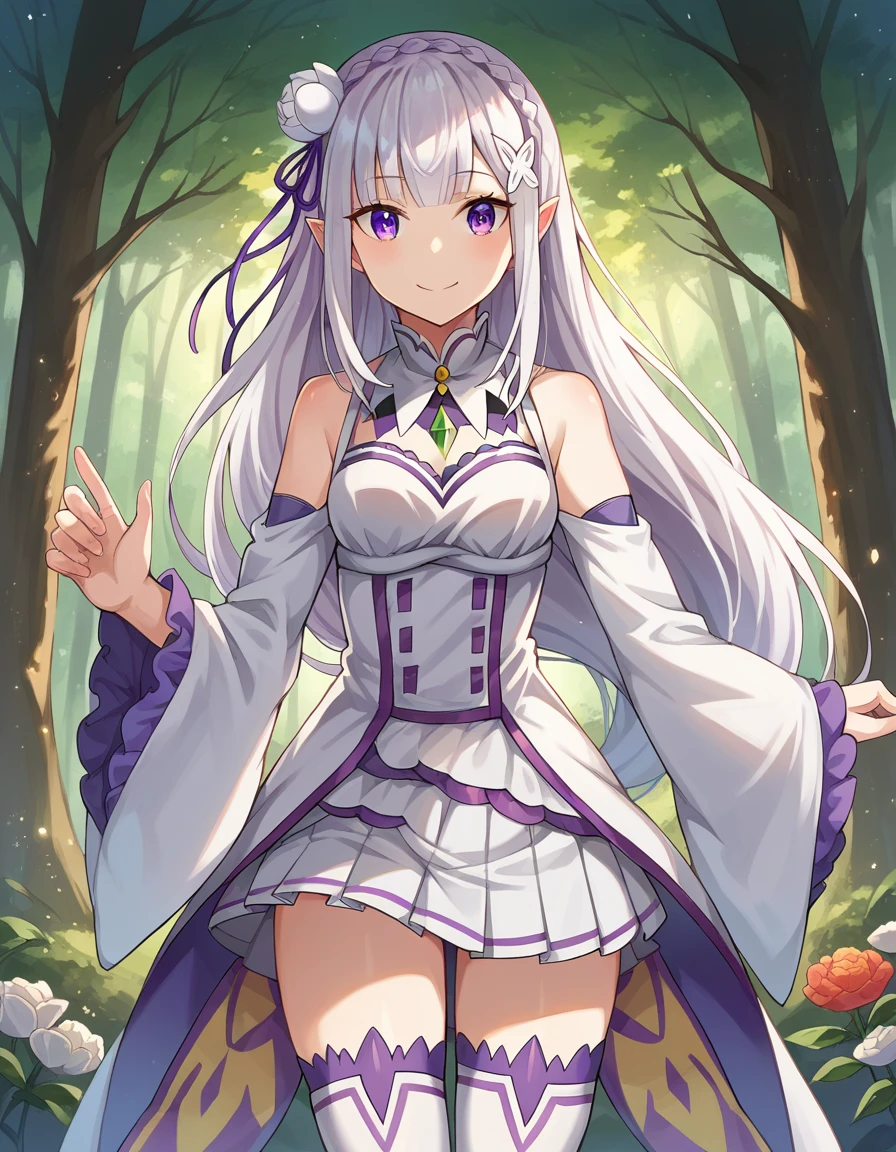 score_9, score_8_up, score_7_up, source_anime,
rezeroemilia, <lora:rezero-emilia-ponyxl-lora-nochekaiser:1>,
emilia, braid, crown braid, flower, hair flower, hair ornament, hair ribbon, long hair, pointy ears, purple eyes, white hair, x hair ornament, smile,
detached collar, detached sleeves, frilled sleeves, frills, long sleeves, miniskirt, pleated skirt, ribbon, skirt, thighhighs, white skirt, white sleeves, white thighhighs, wide sleeves, zettai ryouiki,
outdoors, forest, nature, village,
looking at viewer, dutch angle, cowboy shot,