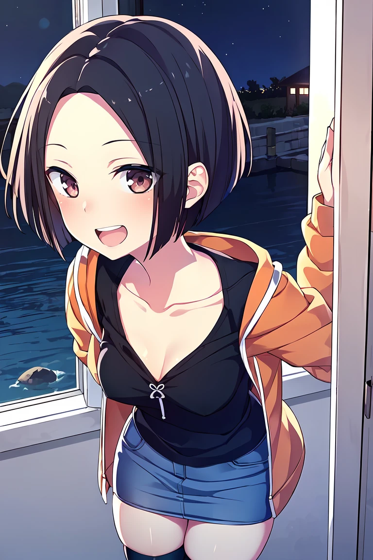 (masterpiece, best quality), 1girl, solo, looking at viewer,
<lora:Angry Ex-GF (Stopman):0.7>,
angryexgf, (red eyes:0.7), brown eyes, black hair, short hair, bob cut, forehead, sidelocks, parted hair, tsurime, medium breasts,
(orange hoodie, hood down, blue pencil skirt, mini denim skirt, black thighhighs, black undershirt), (sleeves past elbows, collarbone, white trim),
smile, open mouth, tongue, teeth, happy, blush,
hair flip, hand up,
close-up, portrait,
night sky nighttime illumination,louvered window,mariana trench,sea anemone