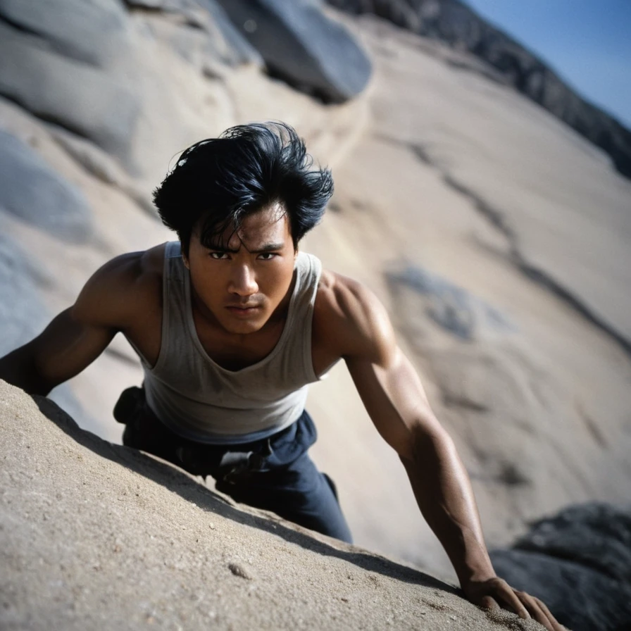 cinematic film still of  <lora:Hong Kong action cinema style:1>
 <lora:Kodak Motion Picture Film Style v4:0.5>
In the 1980's From above,In Hong Kong China a man climbing up a rock face to face,black hair,1boy,male focus,lying,shadow,from above,sand,desert,Asian,cinematic,action-themed,violence,aim,aiming,pointing,Kodak,Film style,movie style,film grain,film contrast,action packed,serious,stunt,Hong Kong action cinema style,Asian,cinematic,action-themed,violence,aim,aiming,pointing,Kodak,Film style,movie style,film grain,film contrast,action packed,serious,stunt,Hong Kong action cinema style, shallow depth of field, vignette, highly detailed, high budget, bokeh, cinemascope, moody, epic, gorgeous, film grain, grainy