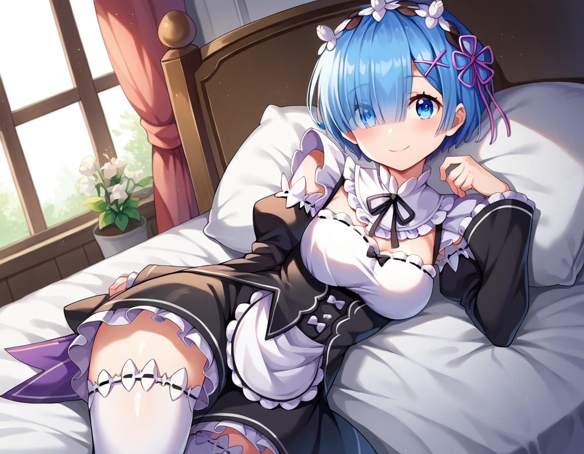score_9, score_8_up, score_7_up, source_anime,
rezerorem, <lora:rezero-rem-ponyxl-lora-nochekaiser:1>,
rem, blue eyes, blue hair, hair ornament, hair over one eye, hair ribbon, short hair, x hair ornament, smile,
apron, black ribbon, black skirt, black sleeves, detached collar, detached sleeves, flower, frilled apron, frilled skirt, frills, head wreath, long sleeves, maid, miniskirt, neck ribbon, purple ribbon, ribbon, ribbon trim, ribbon-trimmed sleeves, roswaal mansion maid uniform, short hair, skirt, thighhighs, waist apron, white apron, white thighhighs,
indoors, bed, on side,
looking at viewer, dutch angle, cowboy shot,