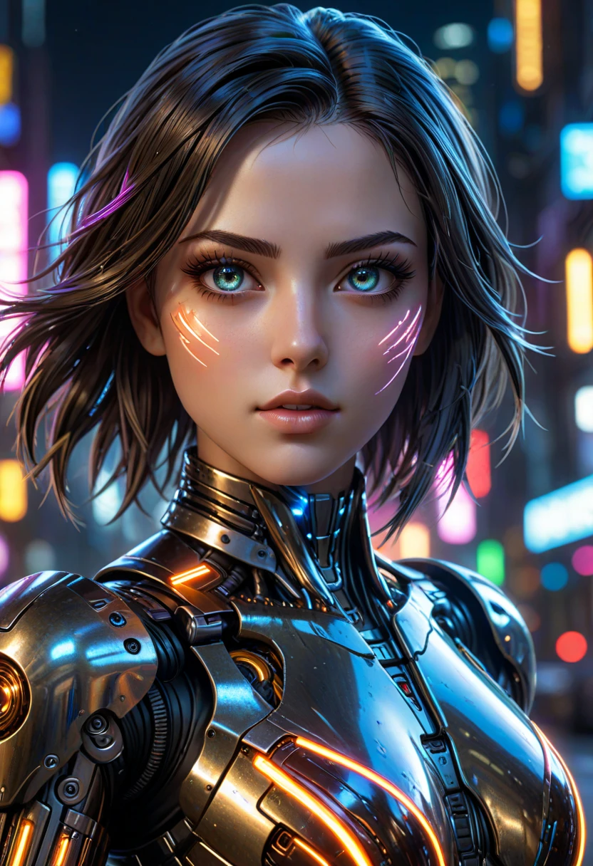 cybernetic robot breathtaking In this breathtaking world of Battle Angle at night, ral-ledlights Alita comes to life in a stunning adaptation, natural skin. Running towards the viewer, she commands attention, revealing every curve and line of her lean athletic form. Her charming and determined expression. The neon lights that bathe her in a warm glow. She maintains the same cool composure that made her such an iconic character. High contrast, vibrant colors, embedding:, extremely large detailed eyes. The overall effect is a stunning image that captures the style of Chris Cold and Jason Edmiston, <lora:ral-ledlights:0.3>,. android, AI, machine, metal, wires, tech, futuristic, highly detailed,