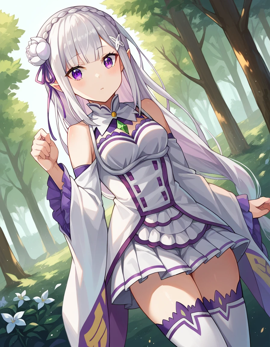 score_9, score_8_up, score_7_up, source_anime,
rezeroemilia, <lora:rezero-emilia-ponyxl-lora-nochekaiser:1>,
emilia, braid, crown braid, flower, hair flower, hair ornament, hair ribbon, long hair, pointy ears, purple eyes, white hair, x hair ornament,
detached collar, detached sleeves, frilled sleeves, frills, long sleeves, miniskirt, pleated skirt, ribbon, skirt, thighhighs, white skirt, white sleeves, white thighhighs, wide sleeves, zettai ryouiki,
outdoors, forest, nature, village,
looking at viewer, dutch angle, cowboy shot,