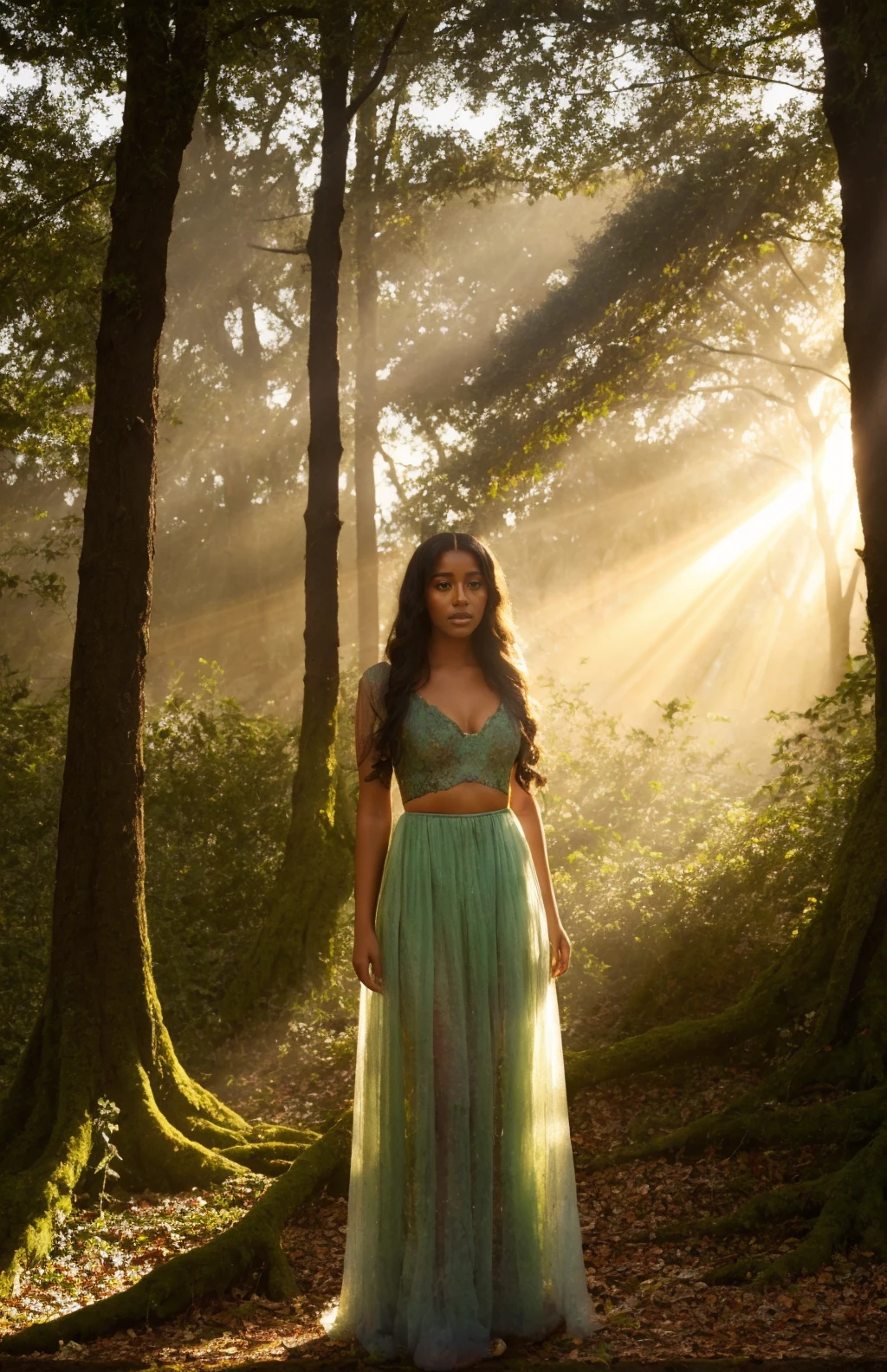 1girl,upperbody,long hair,ancient forest,hidden glade,moonbeams, overgrown, dappled light, crepuscular rays, dreamlike, otherworldly, ethereal, hazy background, mystic, dark,detailed background,<lora:Flomilli1:0.7> Flomilli1