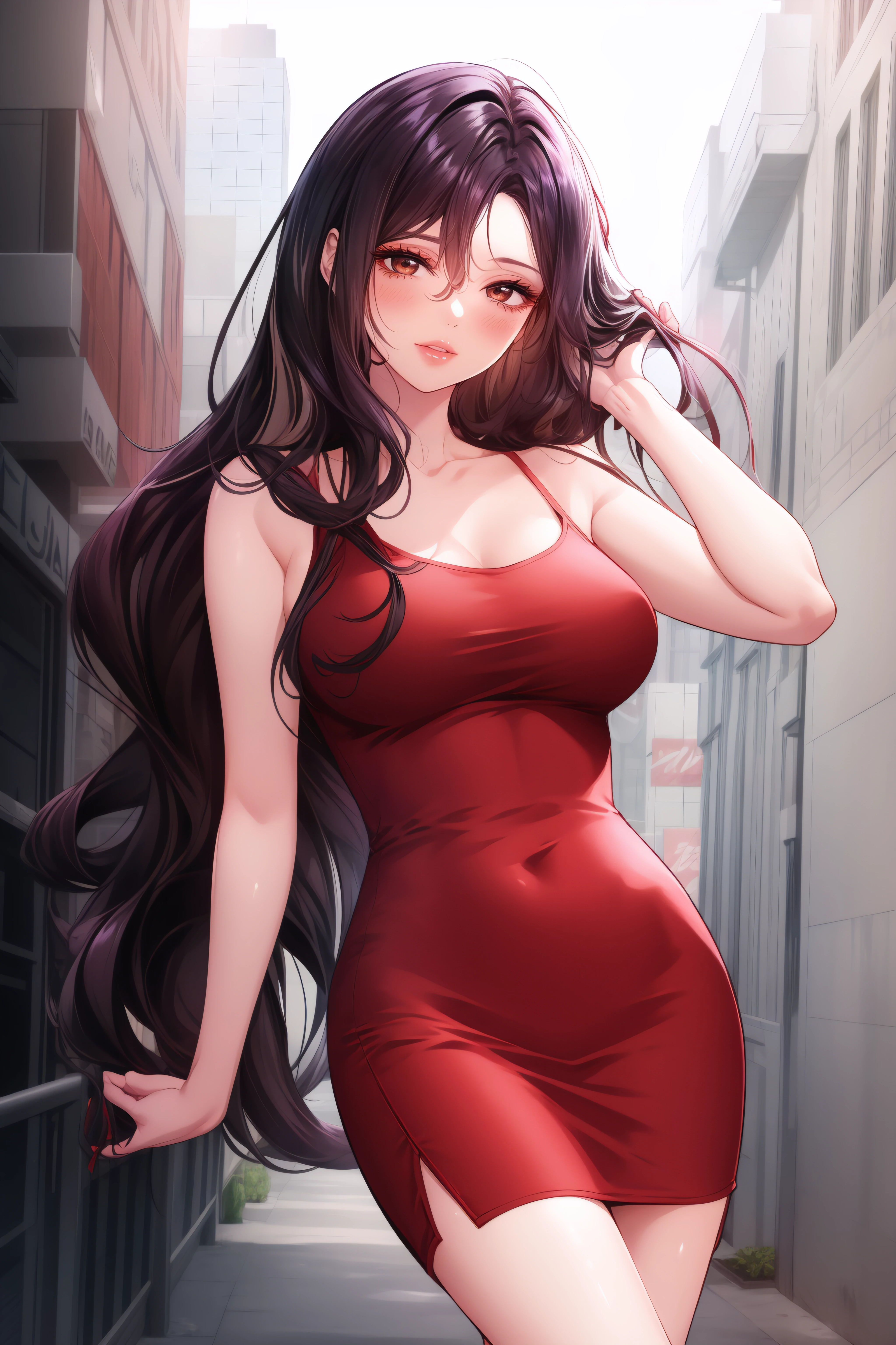 (masterpiece, best quality), <lora:Yu Hee:0.8> yu hee, brown eyes, black hair, long hair, red short dress, bare shoulders, standing,
<lora:add_detail:0.8>,