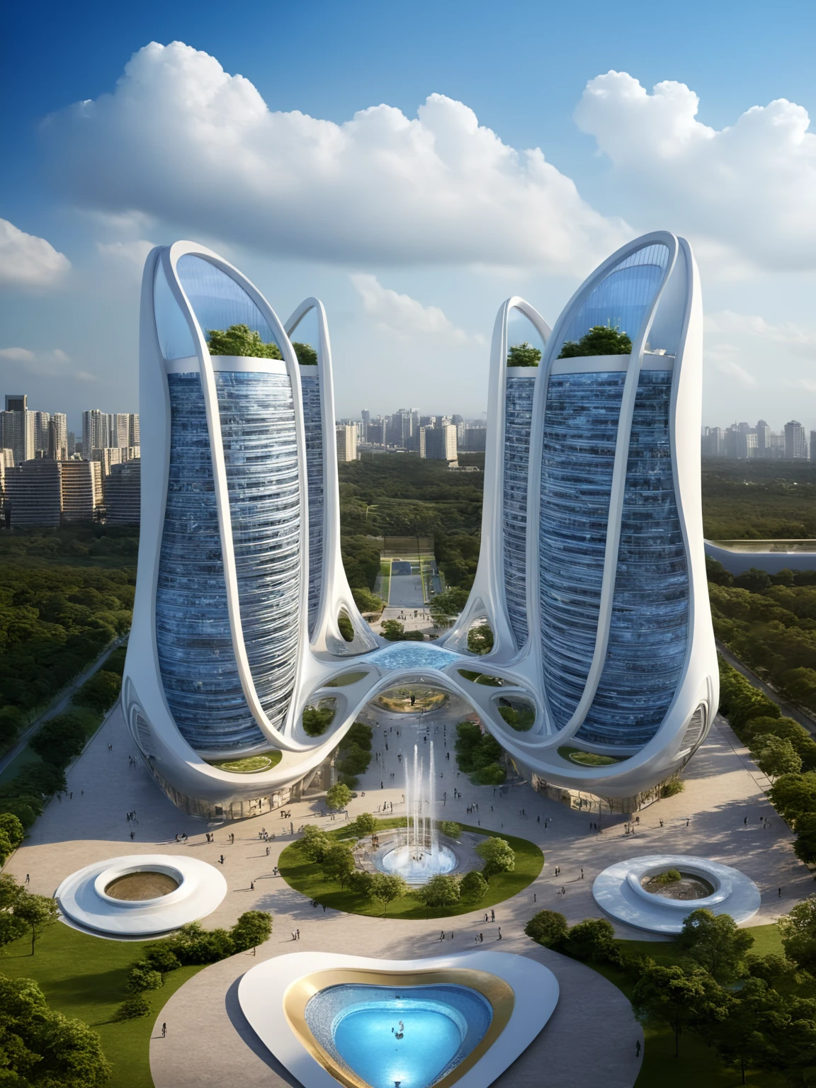 <lora:JJsCurvyArchitecture_XL:1>,((CurvyArchitecture)) , ((best quality)),((masterpiece)),((realistic)), outdoors, cloud, blue sky, no humans, building, scenery, city, cityscape, skyscraper,  center composition, park,  car, tree, dramatic lighting,