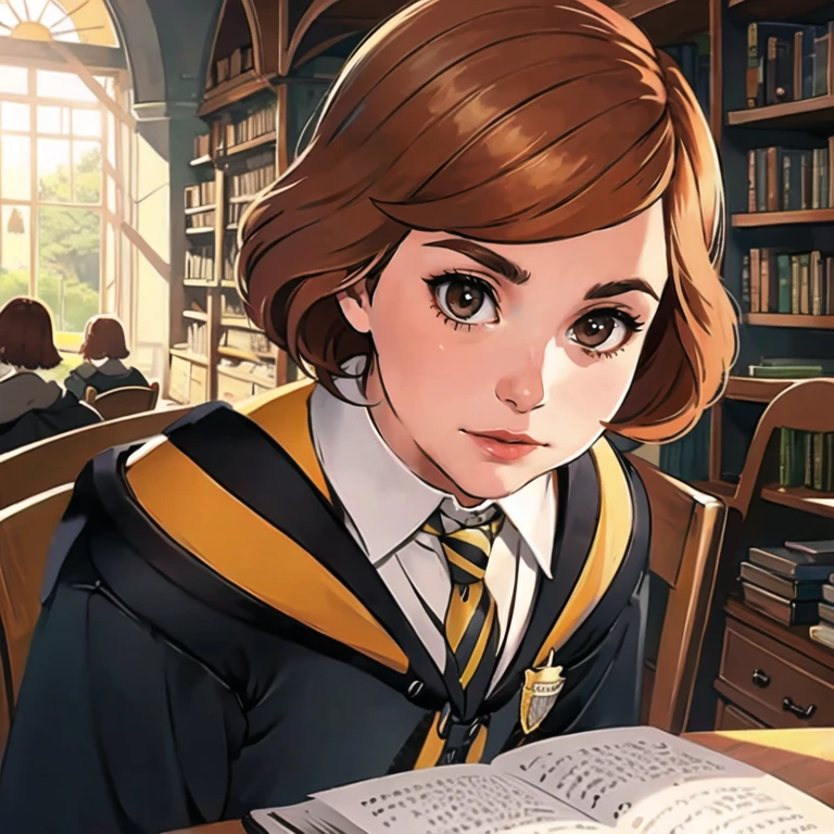 (best quality, ultra detailed), (detailed background:1.2), (perfect face, detailed face), (light rays, mature female:1.4), janecourt, 1girl, orange hair, solo, brown eyes, medium breasts, (hogwarts school uniform:1.1), black skirt, black pantyhose, collared shirt, white shirt, yellow necktie, striped necktie, wooden chair, desk, (looking down, window, indoors, sitting, reading, shadow, dark, leaning on desk, library, studying:1.2), (resting head, resting on elbow:1.3), <lora:JaneCourt_v1:0.77>, <lora:a beam of light_v1.04:0.3>