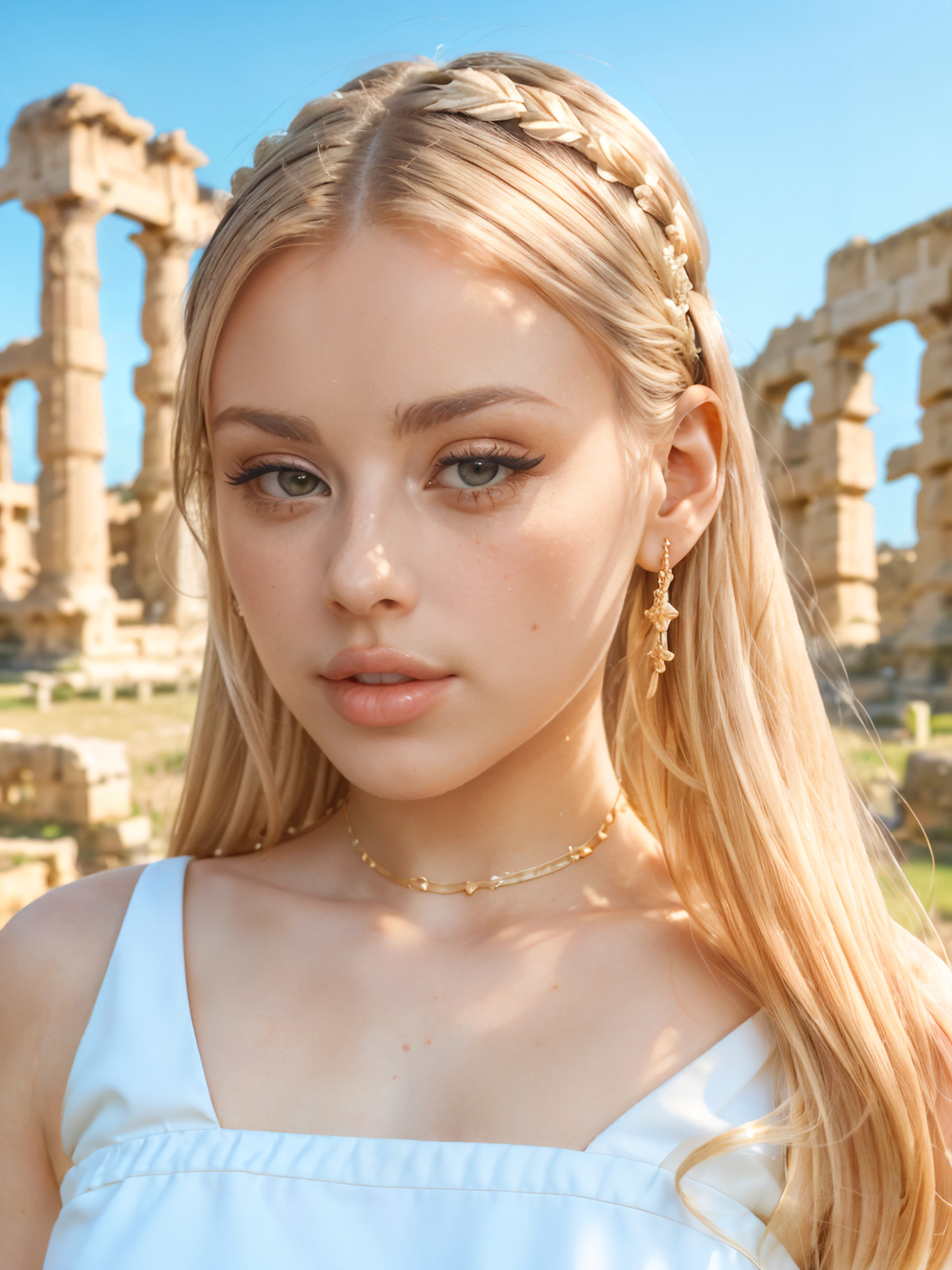 aclaireclouds, a closeup photo of a beautiful woman, blonde hair in updo, (wearing white dress with intricate gold details:1.2),,,, (ancient greek ruins, bright and clear summer day:1.2), (cinematic, film grain, movie still:1.3), (color picture:1.1), (looking at viewer), shot with Fuji XT3, <lora:aclaireclouds:1>