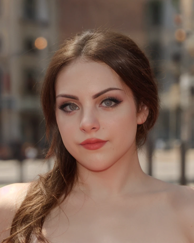 a picture of elig15, brunette, realistic, photorealistic, detailed skin, surface scattering, bokeh, skin pores, city streets,wearing a red dress,outdoors, <lora:elig15:1>looking at viewer