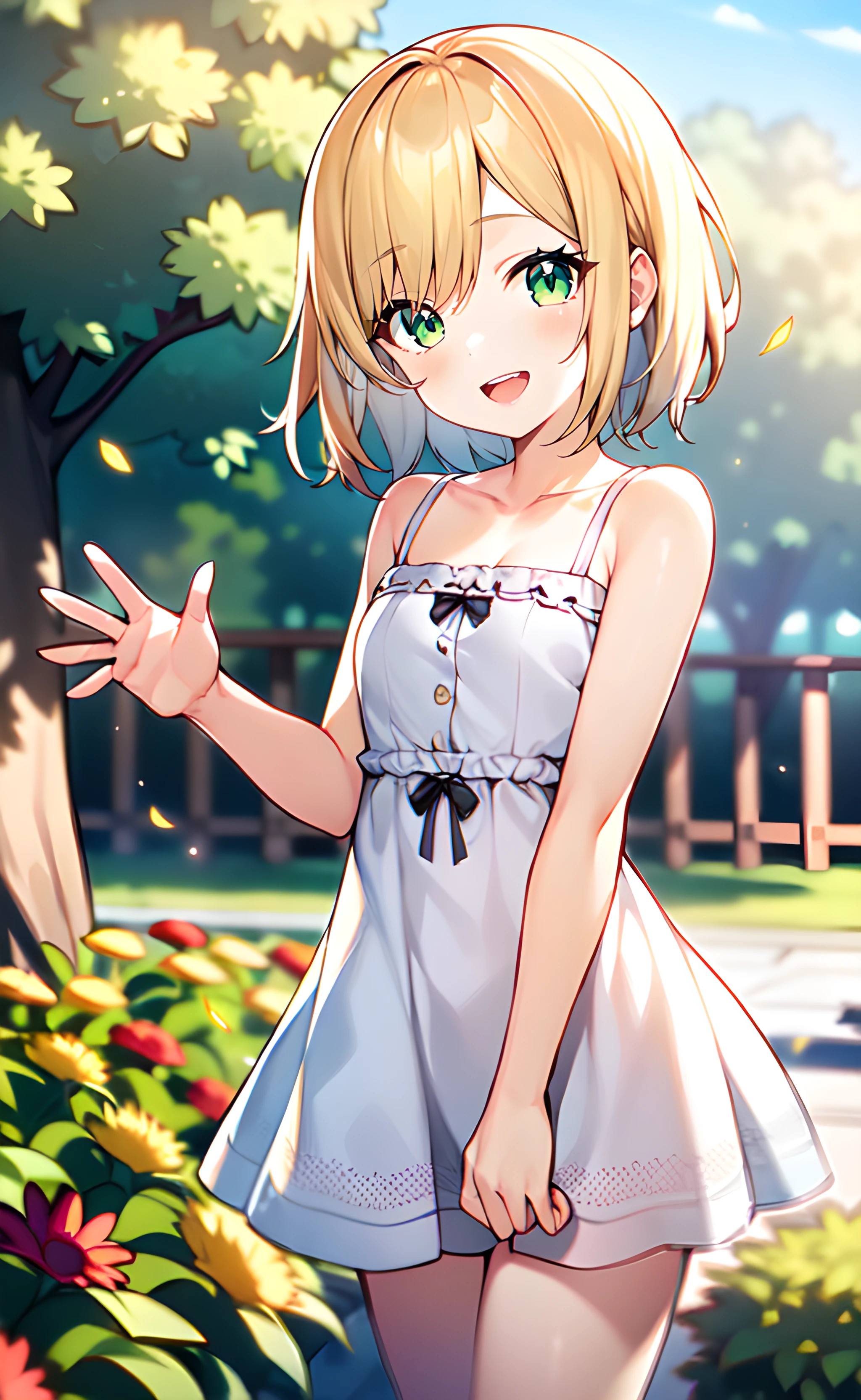 1girl, cowboy shot, standing, short hair, blonde hair, green eyes, white dress, frilled dress, sleeveless dress, collarbone, bare shoulders, bare arms, open mouth, smile, waving, outdoors, garden, flower, tree, golden hour lighting