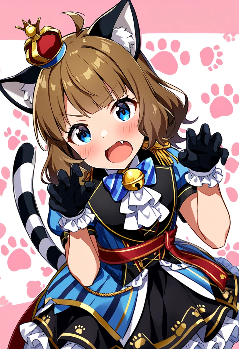 masterpiece, best quality, very aesthetic, absurdres, 1girl, suou momoko, gatto-marciale, millitheater, blue dress, cat ears, white background, ascot, light brown hair, frilled sleeves, hands up, striped neckwear, short sleeves, striped tail, neck bell, cat girl, black skirt, paw print background, blush, crown, ahoge, open mouth, leaning forward, frilled dress, puffy sleeves, short hair, frilled gloves, animal ears, brown hair, paw print, epaulettes, mini crown, frills, sash, tilted headwear, blue shirt, eyebrows visible through hair, tail raised, fang, striped bow, cat tail, pink background, paw pose, blue bow, blue eyes, black gloves, looking at viewer, kemonomimi mode, two-tone background, animal ear fluff, long hair, puffy short sleeves, medium hair, cowboy shot, claw pose, solo, puff and slash sleeves, red sash, gold trim, white neckerchief, blue bowtie, striped bowtie, frilled skirt, fur-trimmed gloves, layered dress <lora:suou_momoko_sdxl_locon_ani31_v1:0.7>